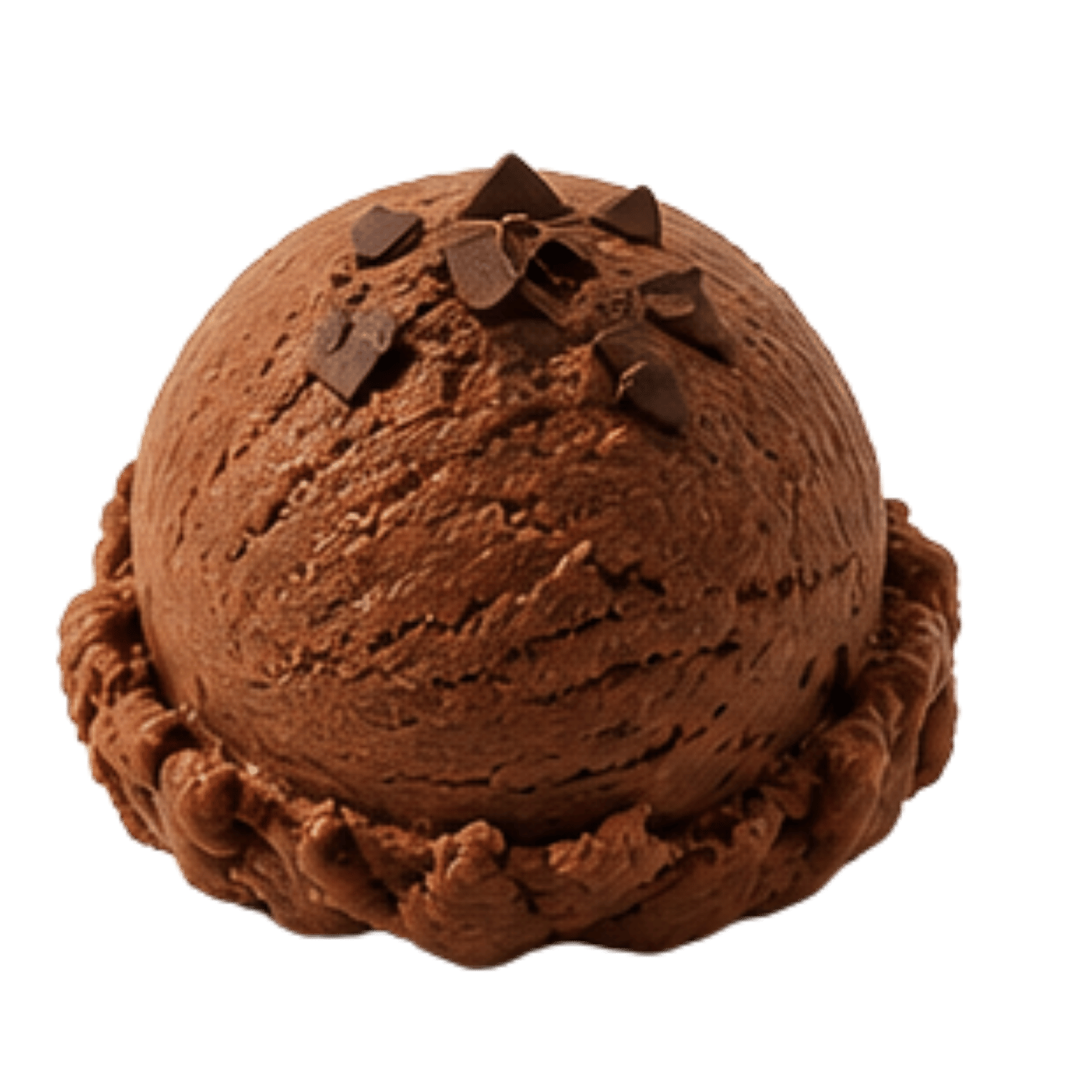 A scoop of chocolate ice cream topped with chocolate chunks, in a waffle cone bowl.