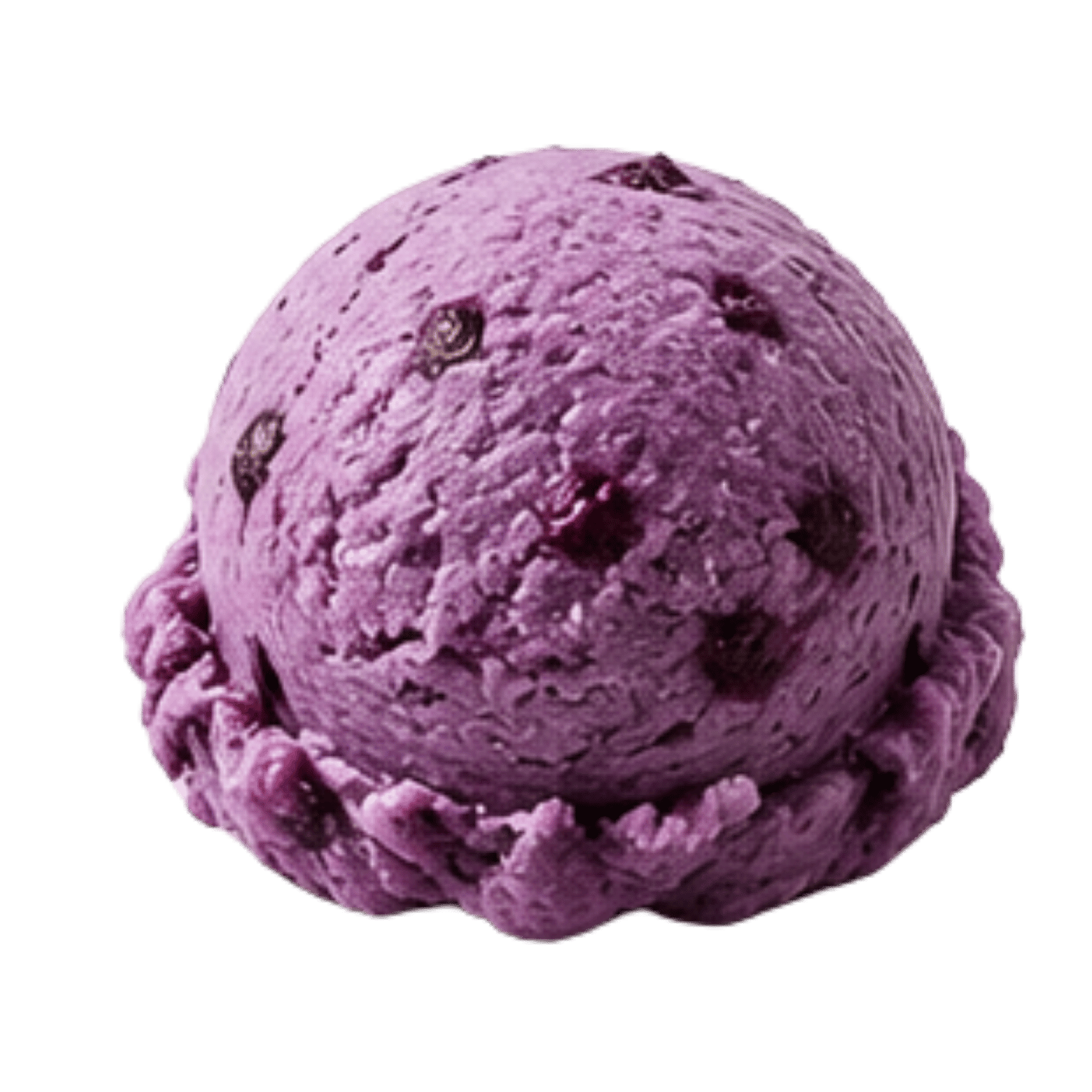 Close-up of a scoop of purple ice cream with chocolate chips on top, with a black background.