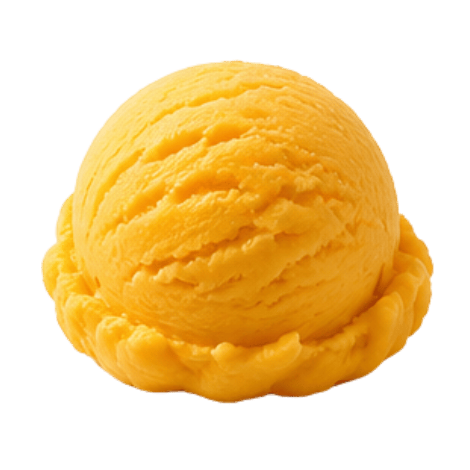 Close-up of a scoop of yellow sorbet with a textured surface, placed on a decorative edge.