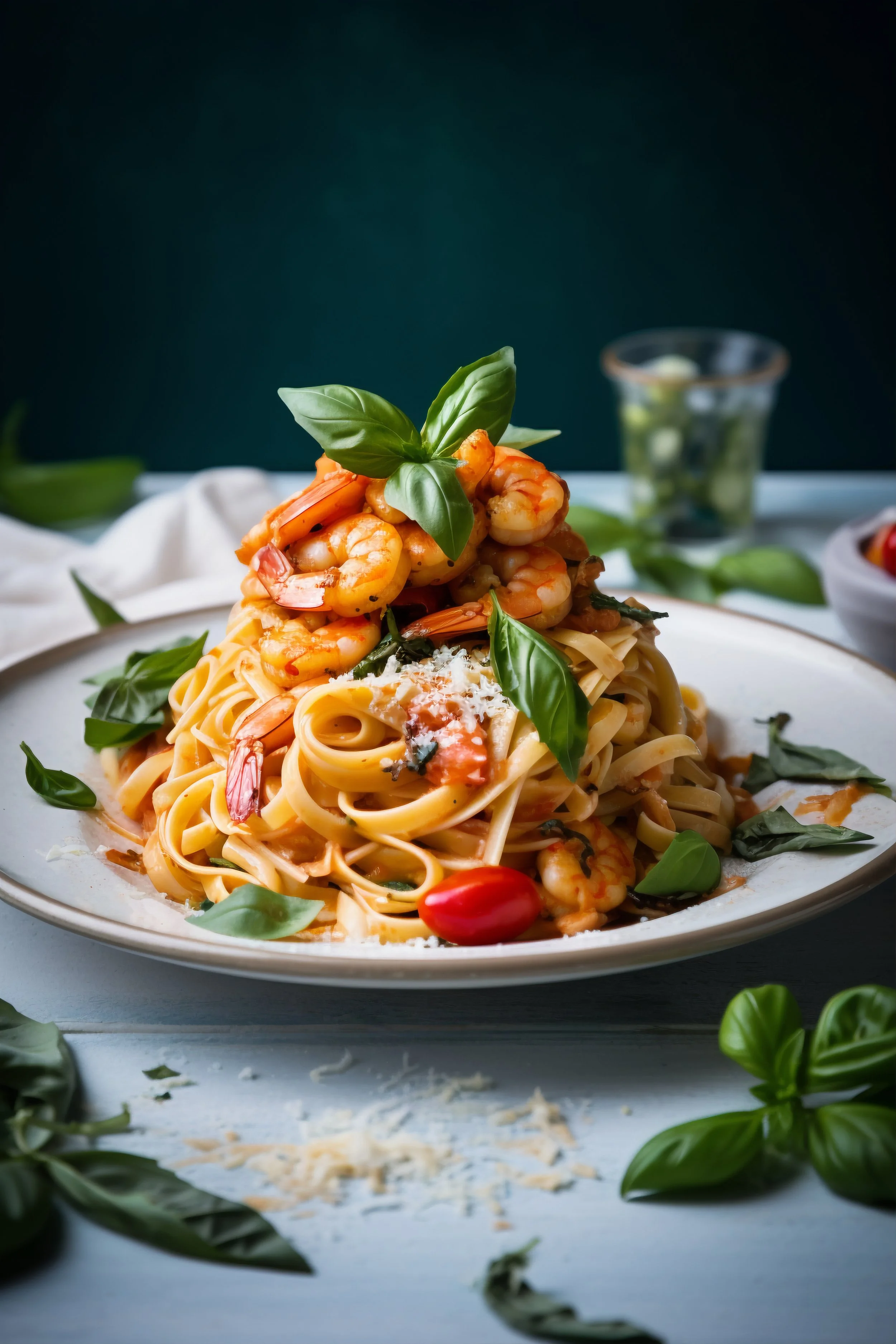 A plate of shrimp pasta garnished with basil leaves, grated cheese, and cherry tomatoes, with additional basil, cheese, and a small bowl in the background.