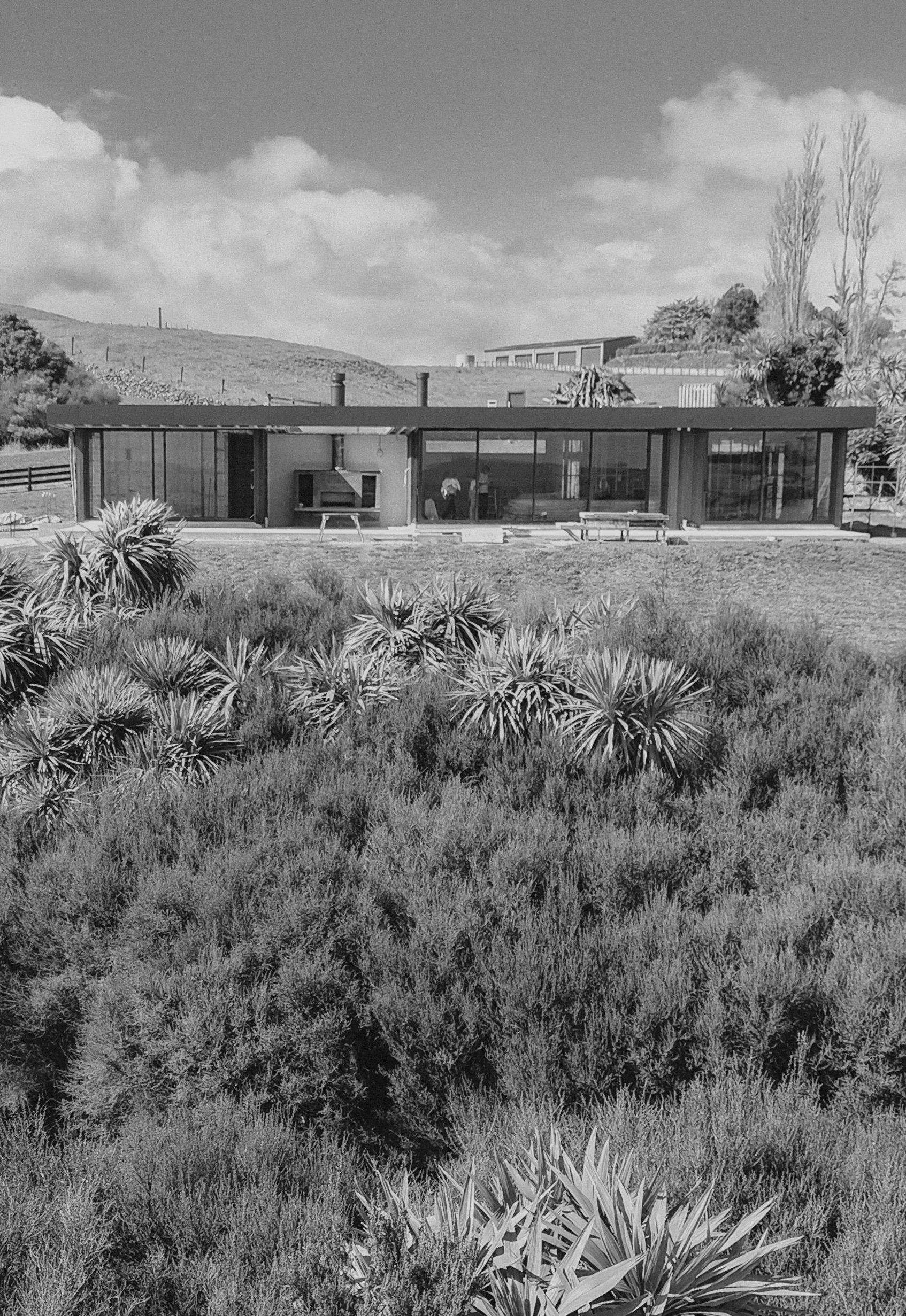 A modern, single-story house with a flat roof and large windows, surrounded by a lush garden with various plants in the foreground, set against rolling hills and a partly cloudy sky.