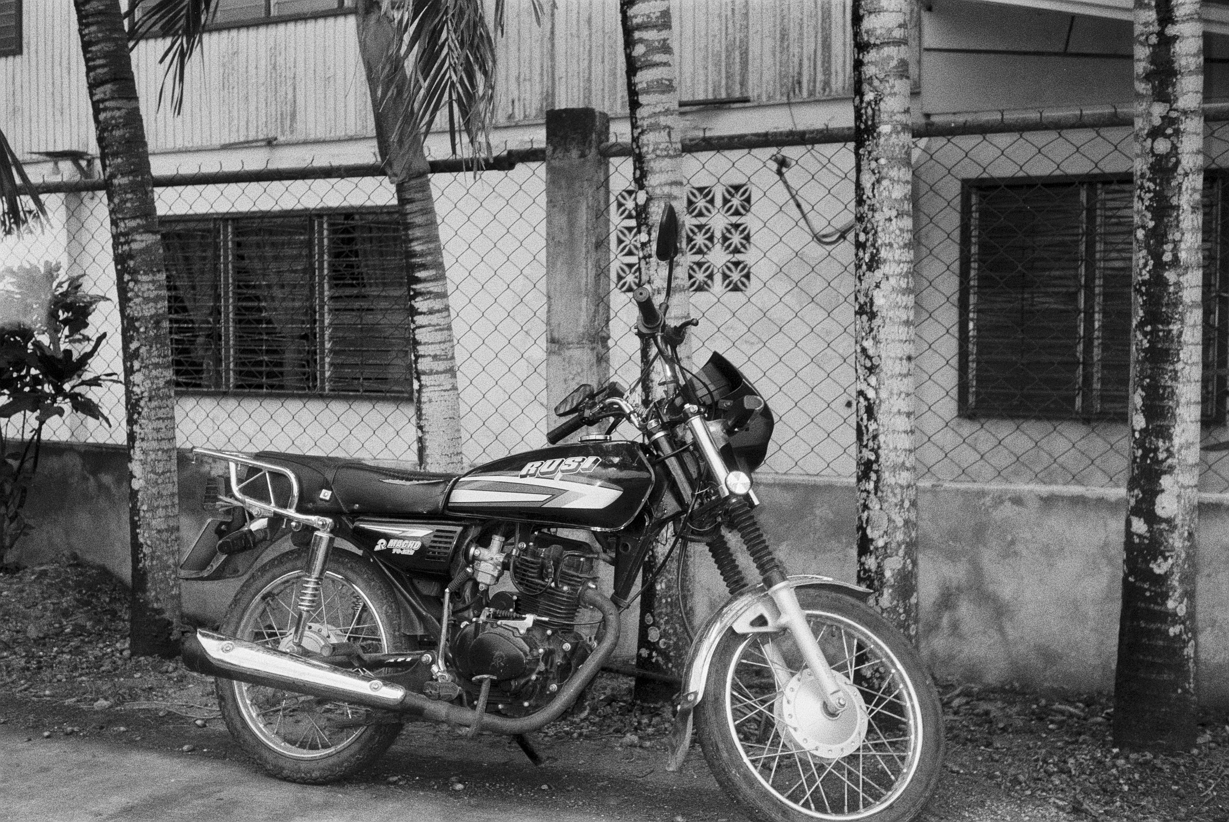 Ein schwarzes Motorrad, das vor einem Zaun mit Bäumen steht, in Schwarz-Weiß aufgenommen.