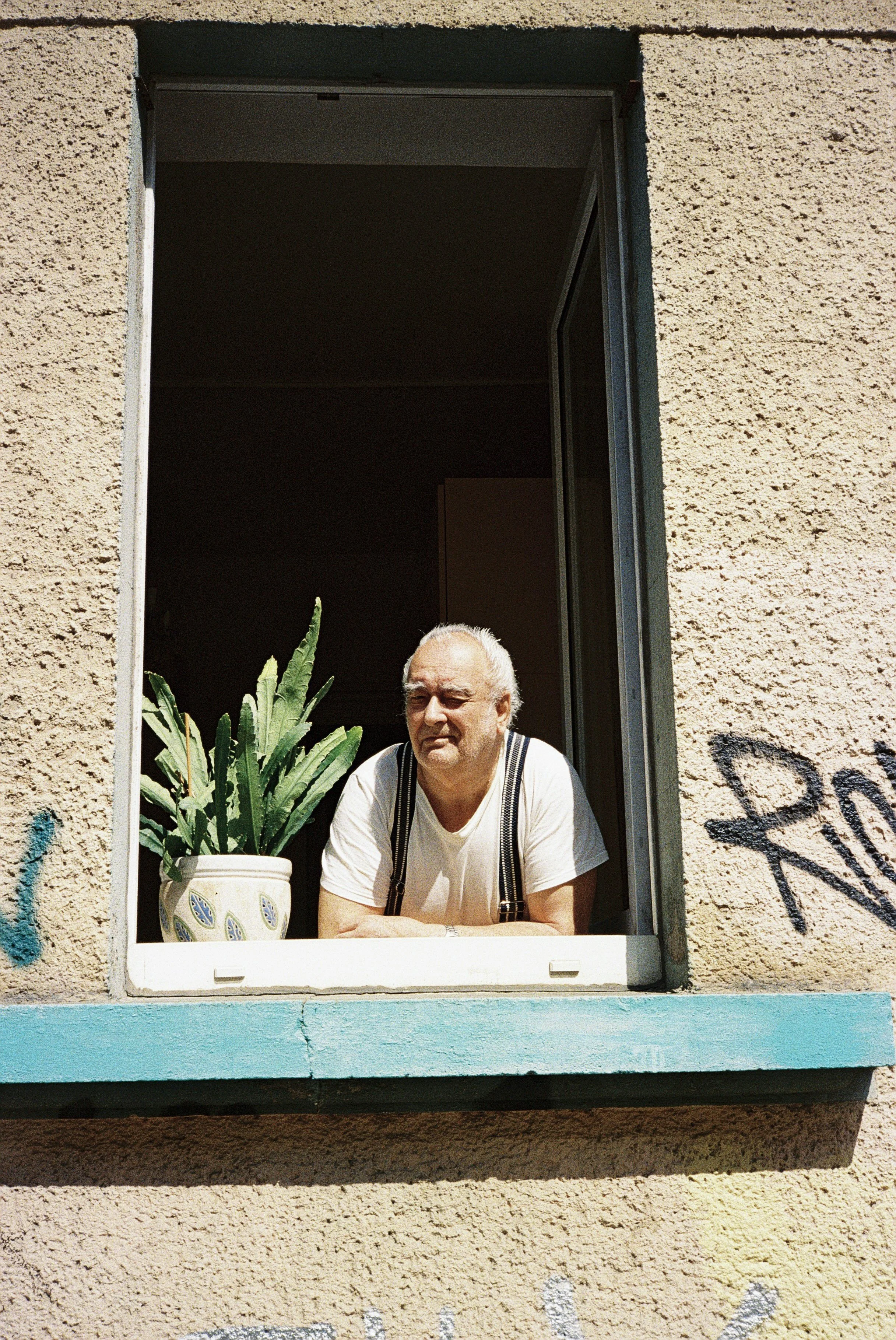 Älterer Mann mit weißen Haaren und Brille sitzt an einem Fenster mit einem großen Vogelkaukasischer Pflanze in einer weißen Vase. Das Gebäude hat eine helle, rauhe Außenwand mit Graffiti.
