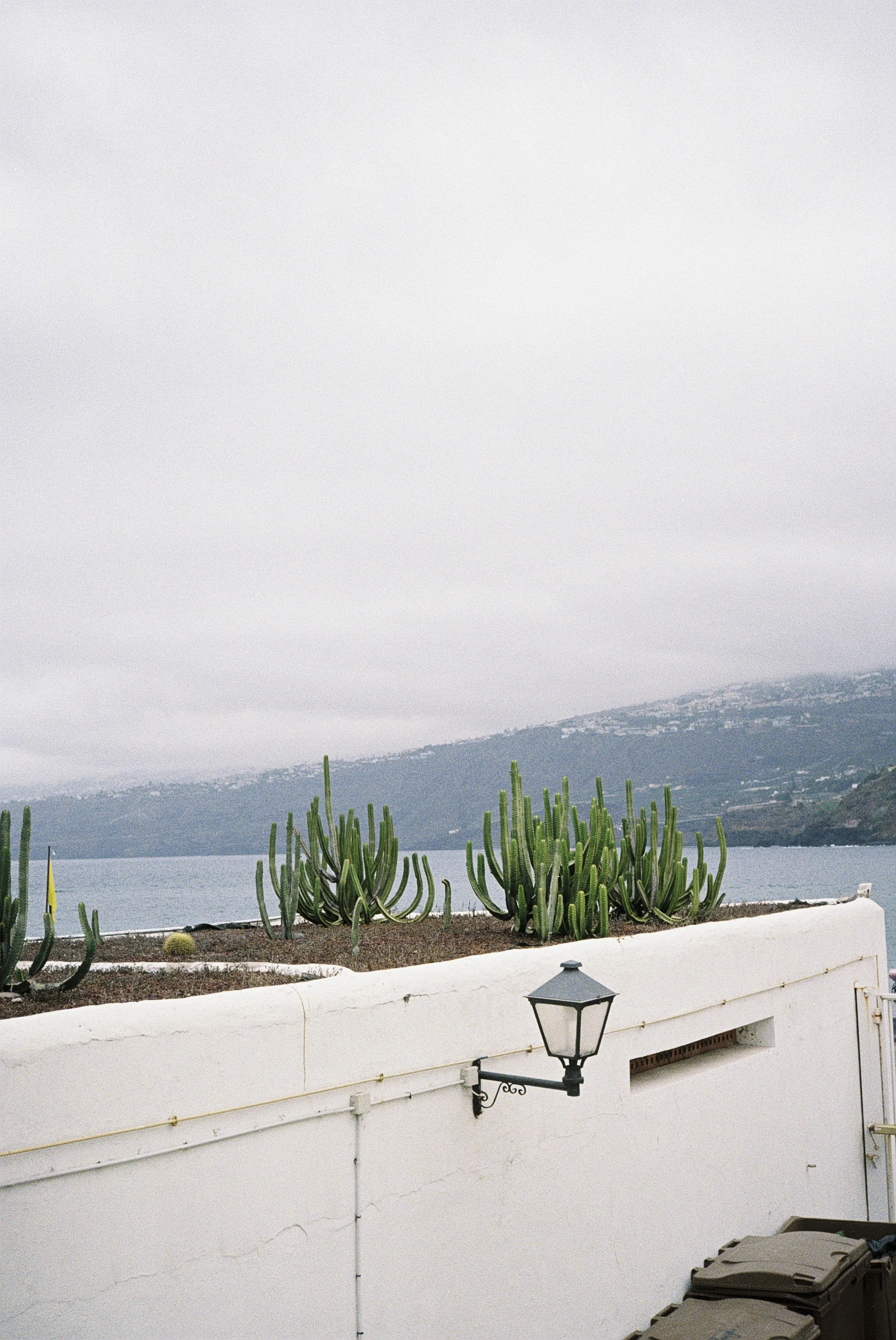 Blick auf eine Terrasse mit Kakteen, einer Laterne und einer weißen Wand im Vordergrund, mit Wasser und Bergen im Hintergrund.