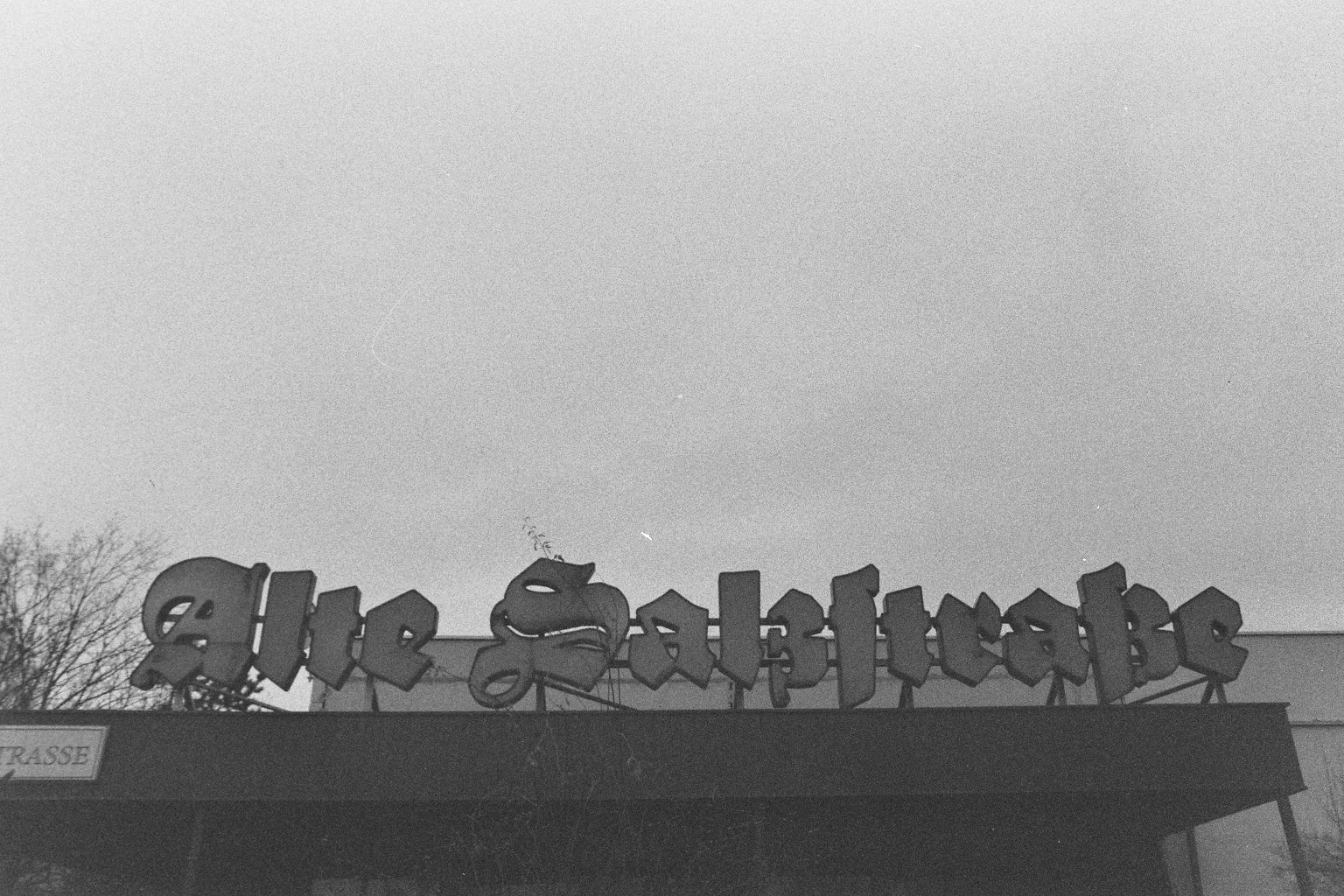 Schriftzug eines Gebäudes, der veraltet und teilweise umgekehrt ist, auf einem dunklen Dach, mit einem Baum im Hintergrund, schwarz-weißes Foto.