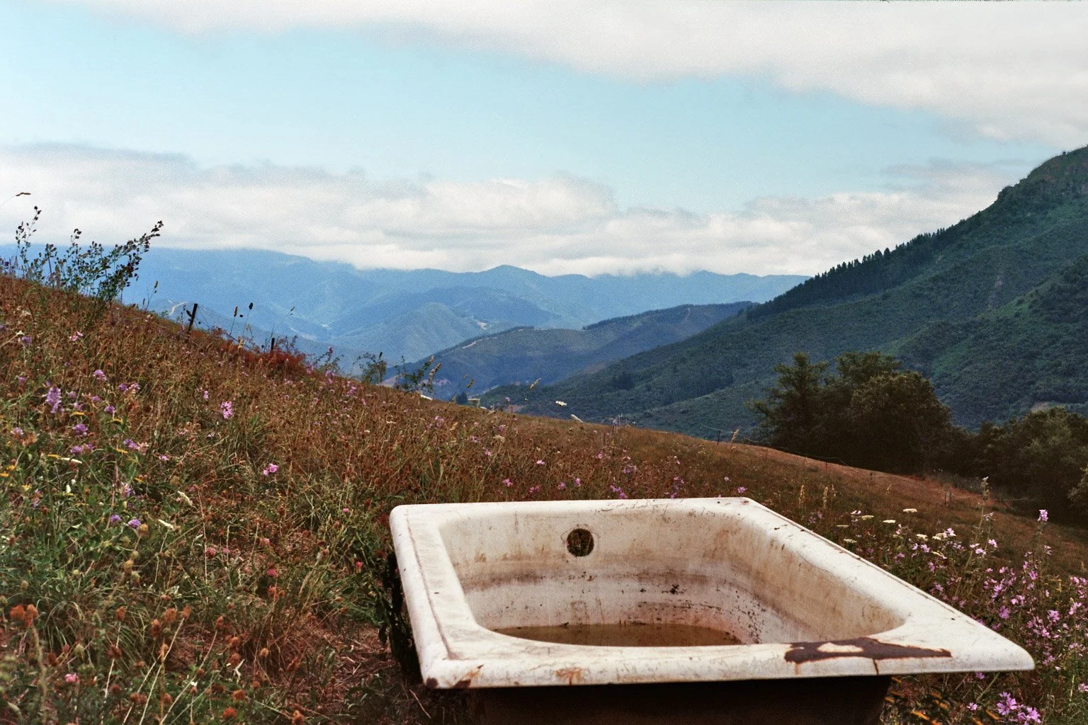 Ein verrostetes, leeres Waschbecken in einer ländlichen Berglandschaft mit Hügeln und Blümchen im Hintergrund.