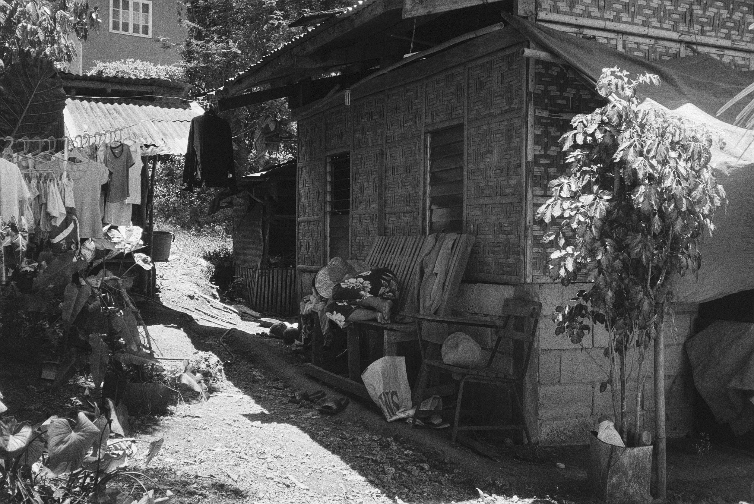Ein schwar-weißes Bild eines kleinen Holzhauses mit Fensterläden und einer Tür, umgeben von Pflanzen und Wäsche, die an einer Schnur aufgehängt ist.