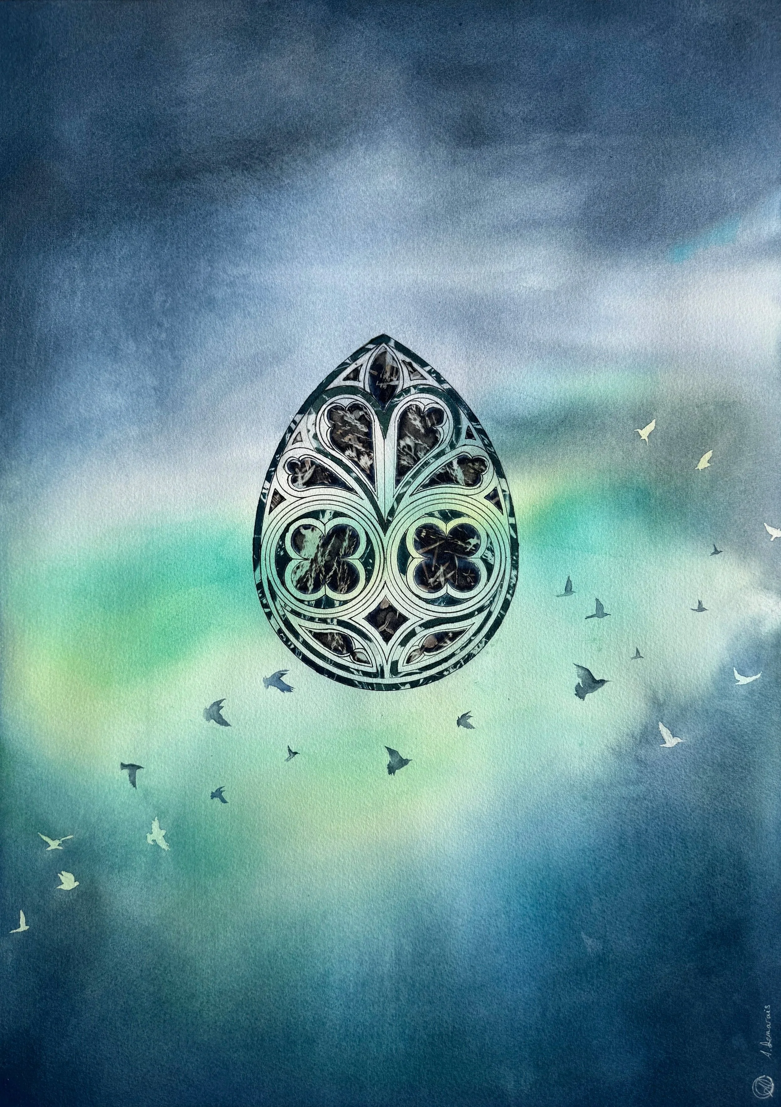 " Ballet des étourneaux "
Format A2 ~Aquarelle, Cyanotype, dessin  