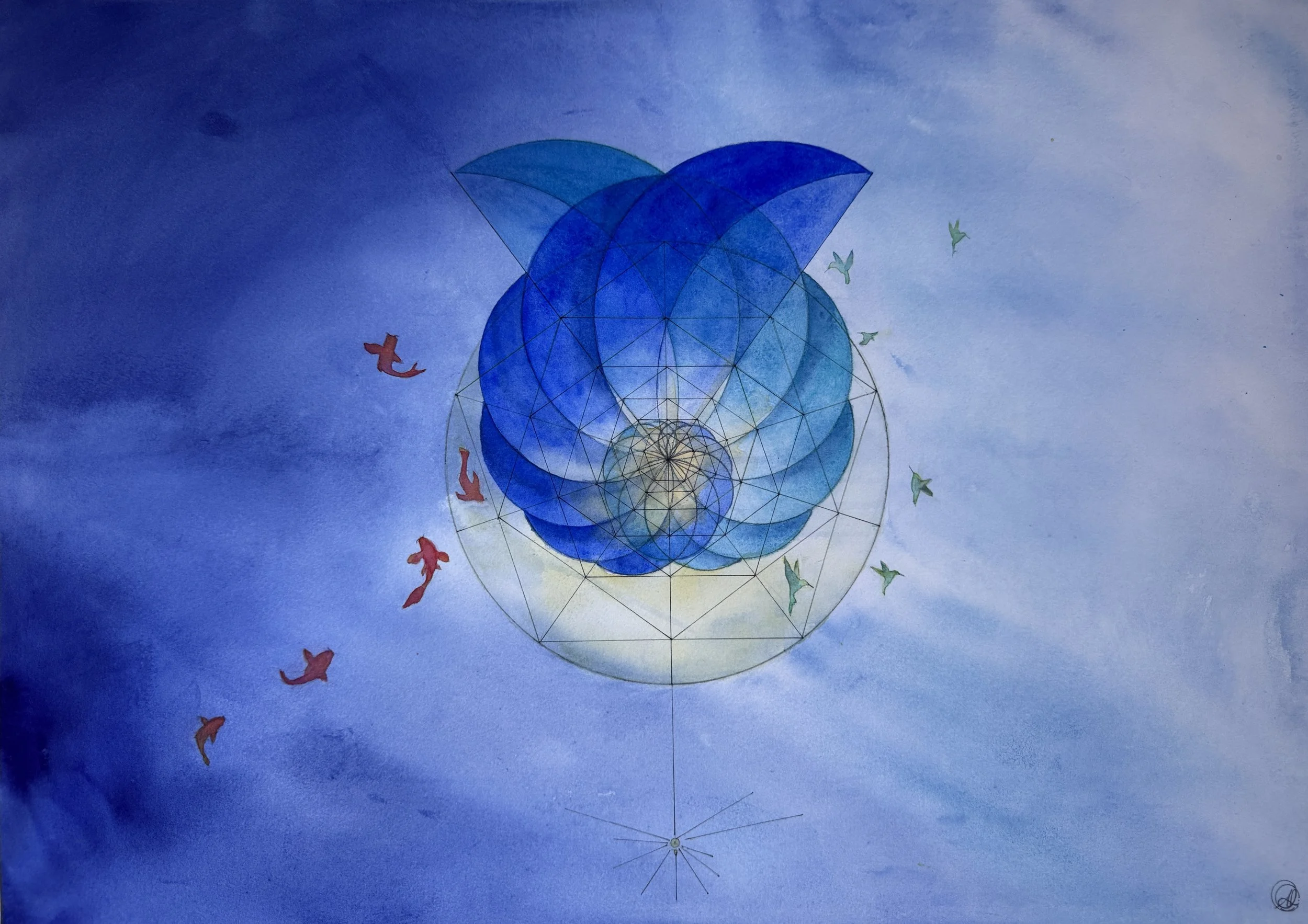 Aquarelle originale inspirée de la géométrie sacrée et des formes naturelles du vivant. Cette composition aux nuances de bleu évoque le mouvement, la croissance et la transformation à travers une structure géométrique inspirée de la spirale et de la 