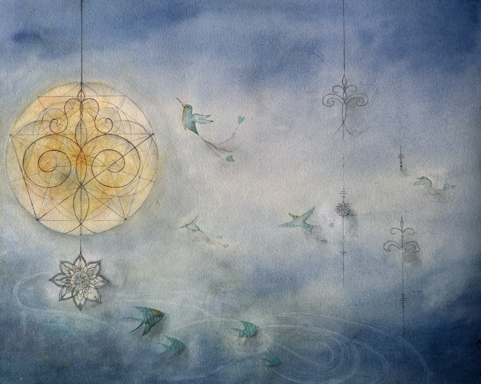 " Le fil invisible "
Format 50 × 40 cm ~ Aquarelle, crayon graphite et feutre sur papier
