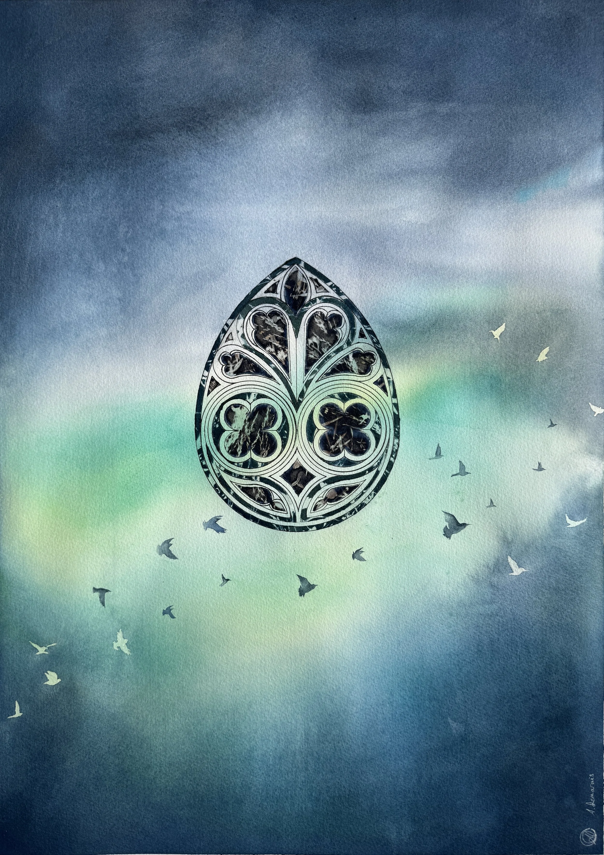 Aquarelle originale inspirée des formes sacrées et du vivant. Une forme gothique suspendue dans un ciel aux nuances boréales, entourée d'oiseaux en mouvement.