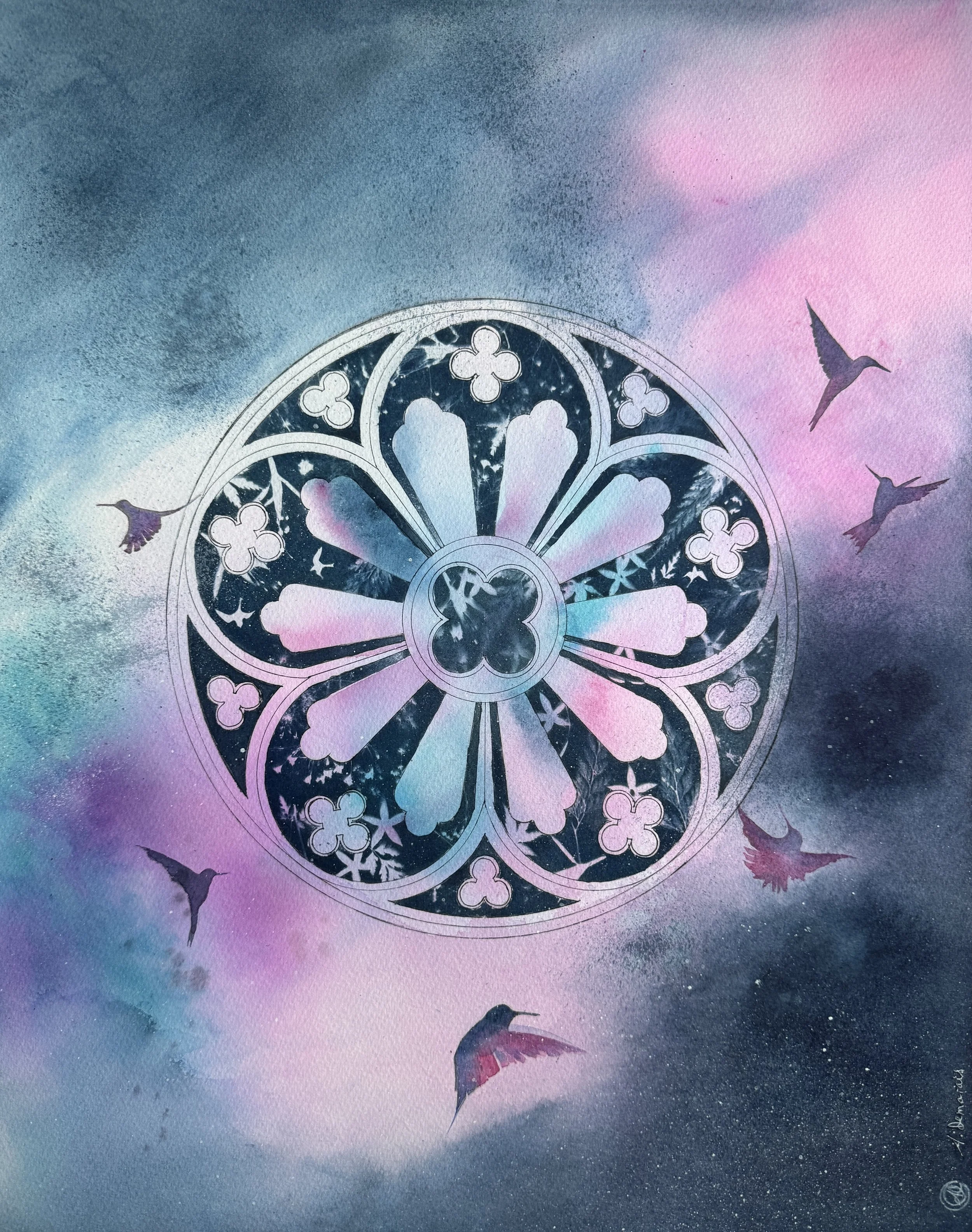 " Étoiles et Colibris "
Format 40 × 50 cm ~ Aquarelle, cyanotype et dessin