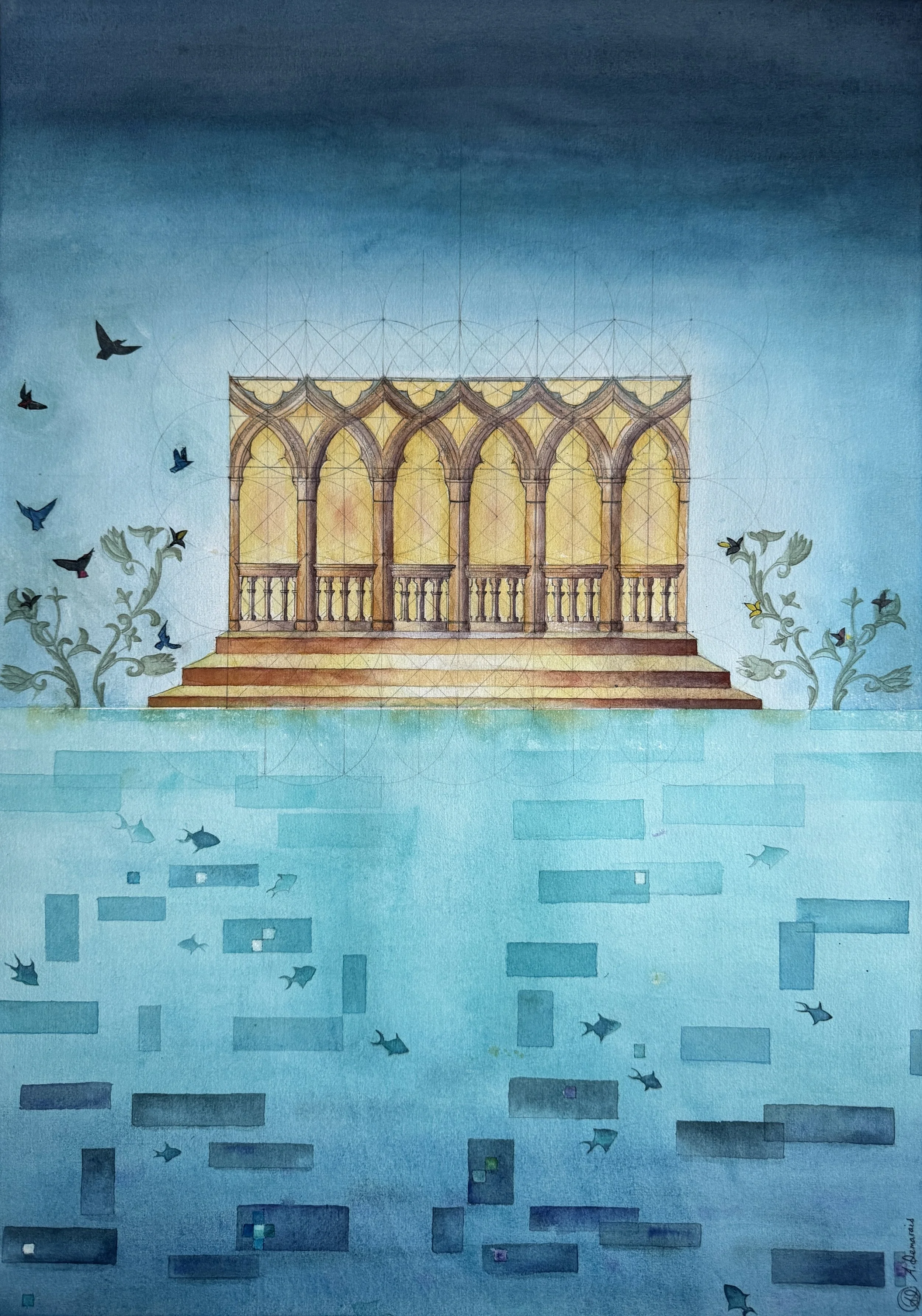 Aquarelle originale inspirée de la géométrie sacrée, de l'architecture gothique et de la nature. Cette œuvre représente une rosace ouverte sur un paysage d'eau et de lumière, entourée d'oiseaux symbolisant la liberté, le mouvement et l'harmonie du vi