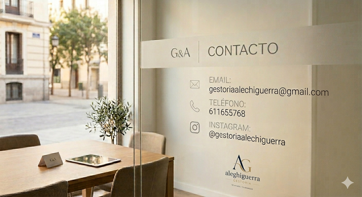Detalle de la sección de contacto en un local, con información de contacto y logo, al fondo una mesa de madera con una tablet y un cartel con el nombre G&A, cerca una planta y grandes ventanas que muestran una calle con árboles y edificios antiguos.