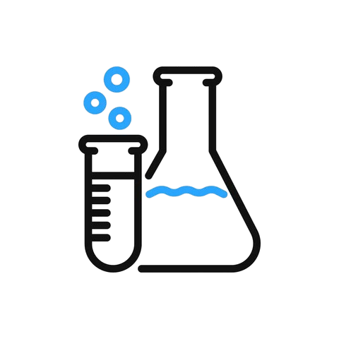 Illustration of laboratory equipment including a test tube with a liquid, a conical flask with a blue liquid, and three blue bubbles representing bubbles or molecules.