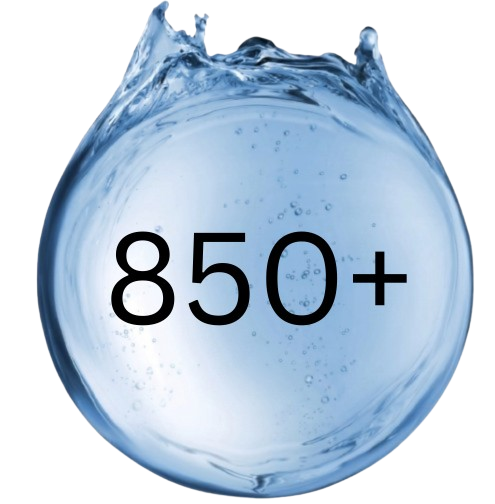 A spherical water droplet with splashes at the top, containing the text '850+' in black, indicating a quantity or measurement related to water.