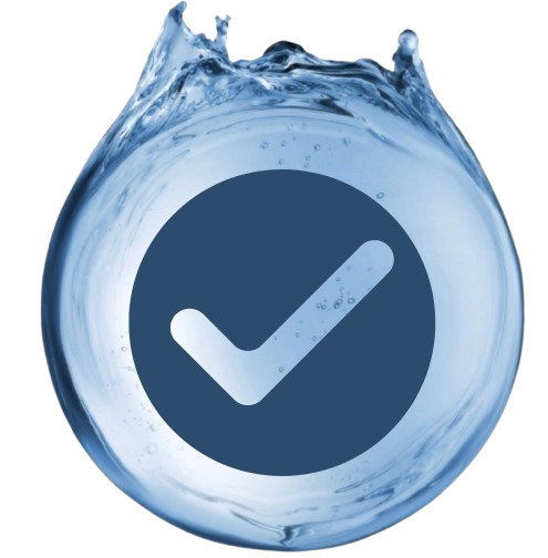 A water droplet with a checkmark inside a circle at its center.