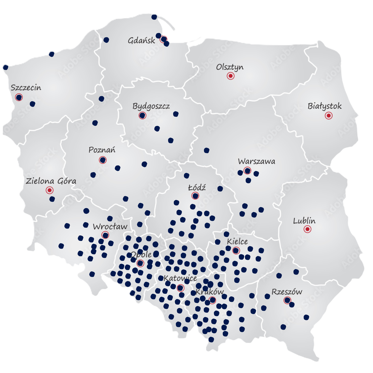 Map of Poland showing major cities, each marked with a red circle and black dot, including Warsaw, Kraków, Wrocław, Poznań, Gdańsk, Łódź, Katowice, Rzeszów, Białystok, Lublin, Zielona Góra, Szczecin, and Olsztyn.