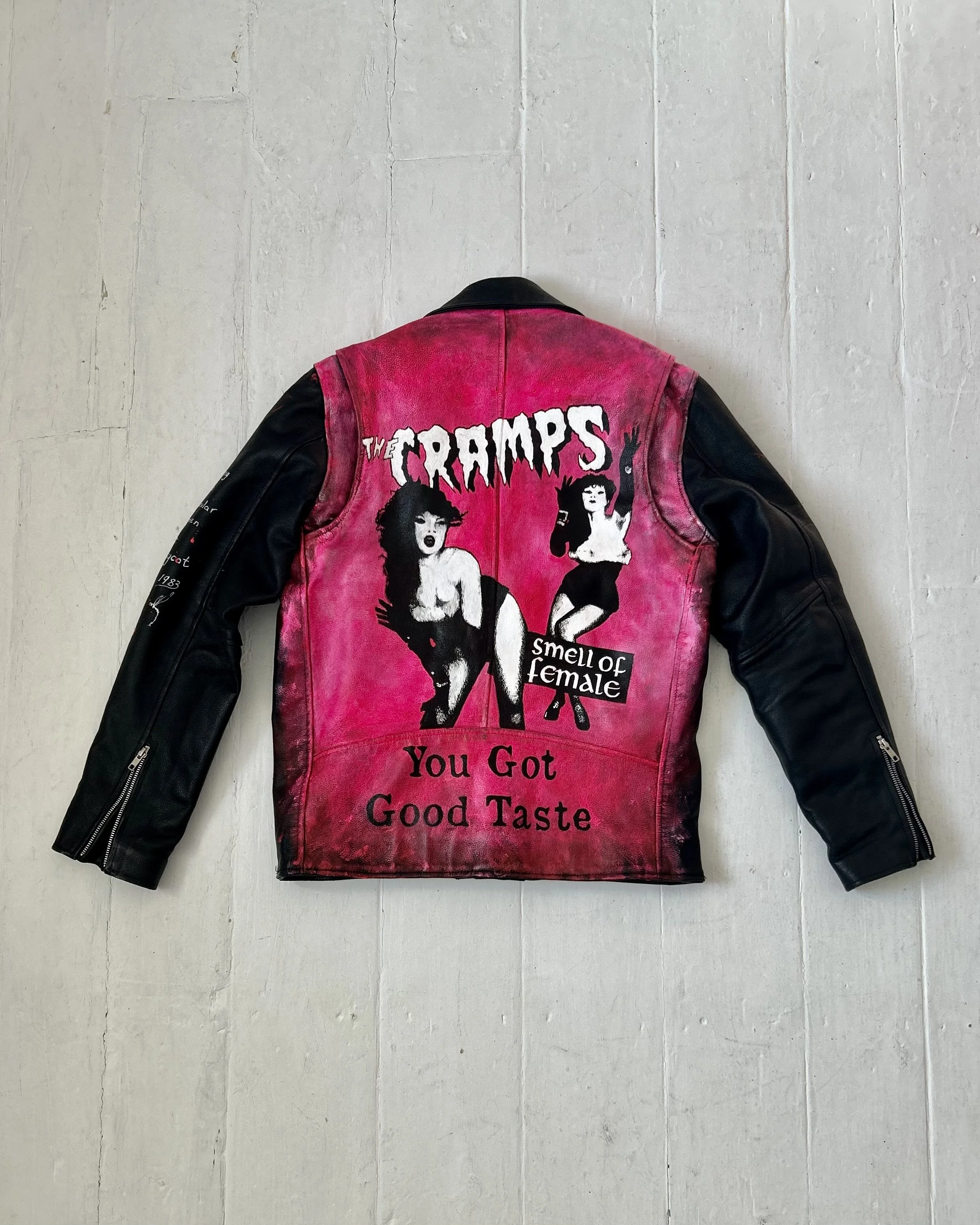 I'm the Queen of Rock 'n' Roll. Poison Ivy - The Cramps. Formed from a reclaimed vintage leather jacket - acrylic leather paint - the detritus and debris of everyday life - hand-applied studs - classic vintage button badges - memories and thoughtfull