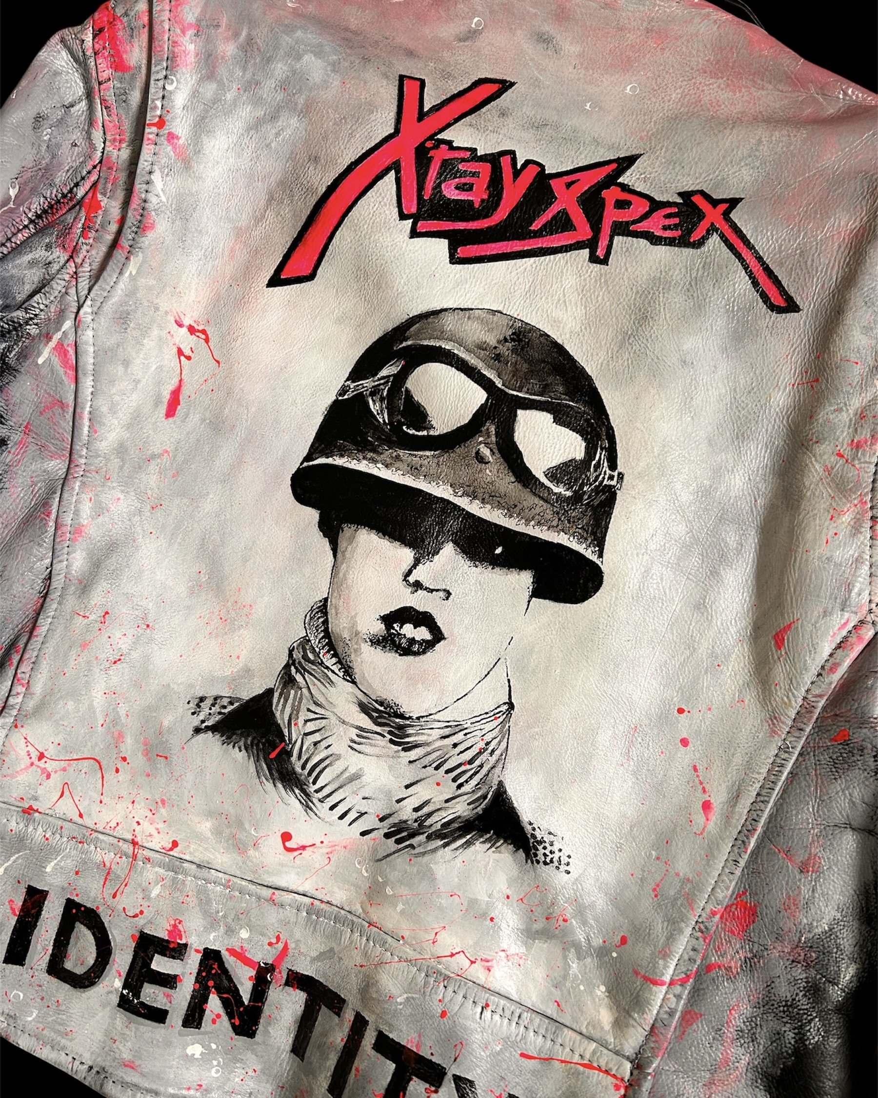 It's a crisis can't you see? Poly Styrene - X-Ray Spex. Leather jacket paint by UK contemporary artist Exquisite Hooligan - Contemporary Art on Vintage Leather & Discarded Materials  - Exquisite Hooligan Artist