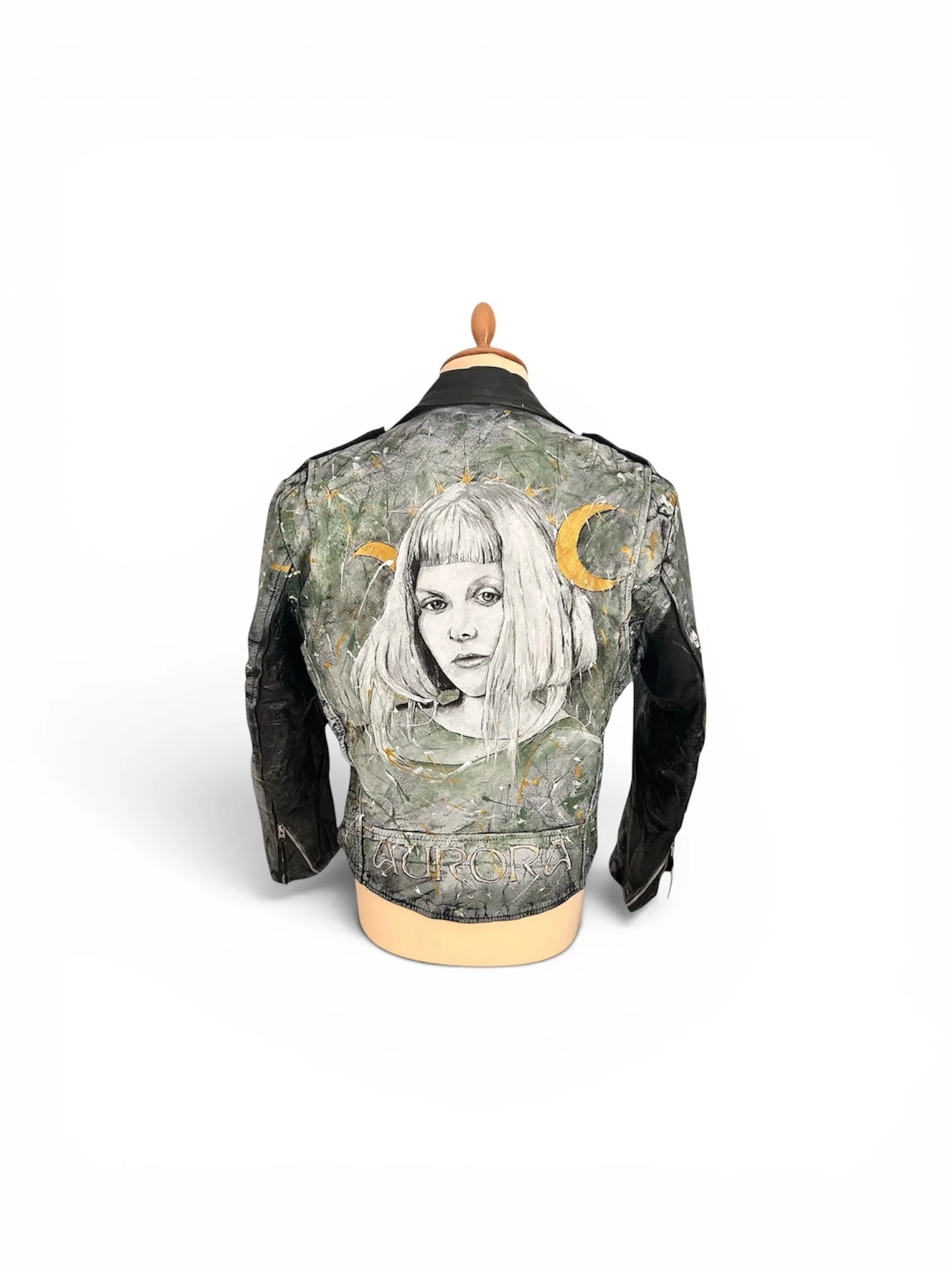 Vintage leather jackets by artist UK Exquisite Hooligan - Exquisite Hooligan artist studio. Working with reclaimed vintage leather jackets - acrylic leather paint - the detritus and debris of everyday life - hand-applied studs - classic vintage butto