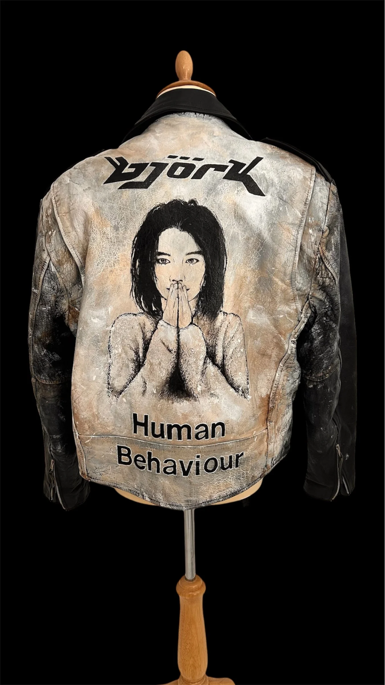 I'm a fountain of blood. In the shape of a girl. Bjork. Leather jacket paint by UK contemporary artist Exquisite Hooligan. Contemporary Art on Vintage Leather & Discarded Materials  - Exquisite Hooligan Artist 