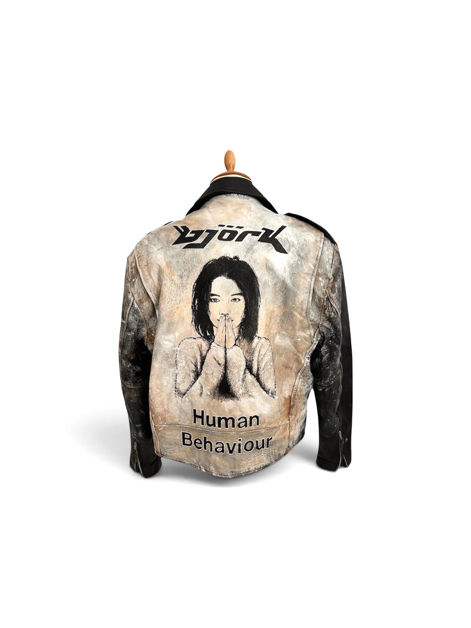 Vintage leather jackets by artist UK Exquisite Hooligan - Exquisite Hooligan artist studio. Working with reclaimed vintage leather jackets - acrylic leather paint - the detritus and debris of everyday life - hand-applied studs - classic vintage butto