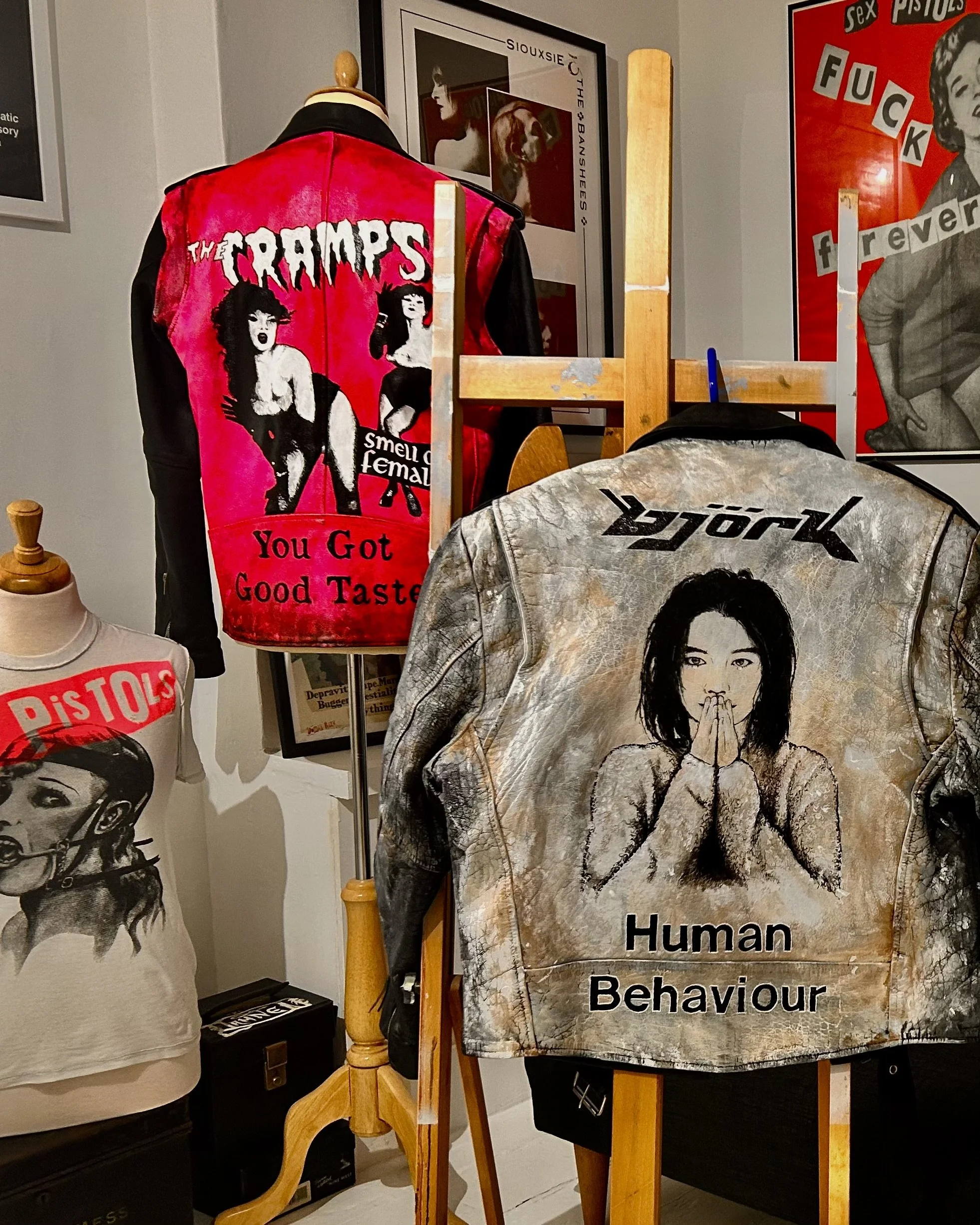 Exquisite Hooligan's art studio. Working with reclaimed vintage leather jackets - acrylic leather paint - the detritus and debris of everyday life - hand-applied studs - classic vintage button badges - memories and thoughtfully repurposed discarded m