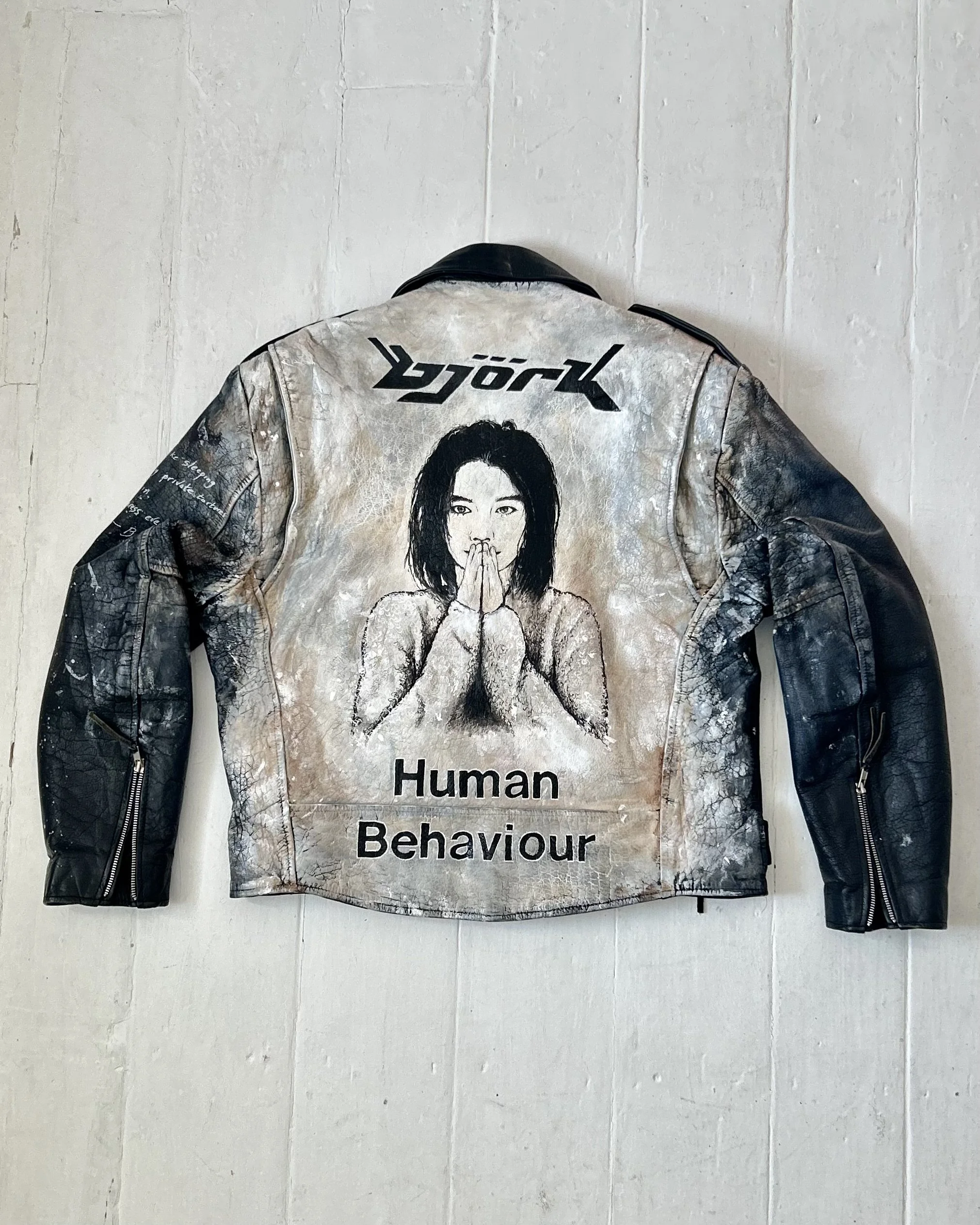 I'm a fountain of blood. In the shape of a girl. Bjork. Leather jacket paint by UK contemporary artist Exquisite Hooligan. Contemporary Art on Vintage Leather & Discarded Materials  - Exquisite Hooligan Artist 