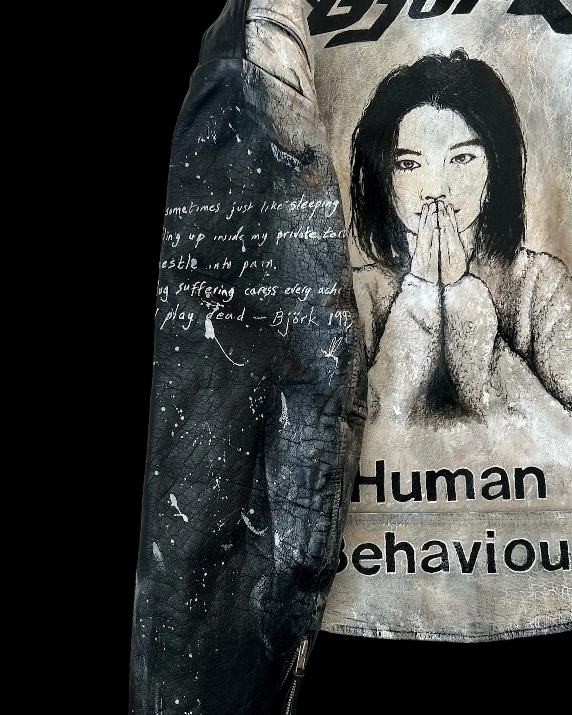 I'm a fountain of blood. In the shape of a girl. Bjork. Leather jacket paint by UK contemporary artist Exquisite Hooligan. Contemporary Art on Vintage Leather & Discarded Materials  - Exquisite Hooligan Artist 
