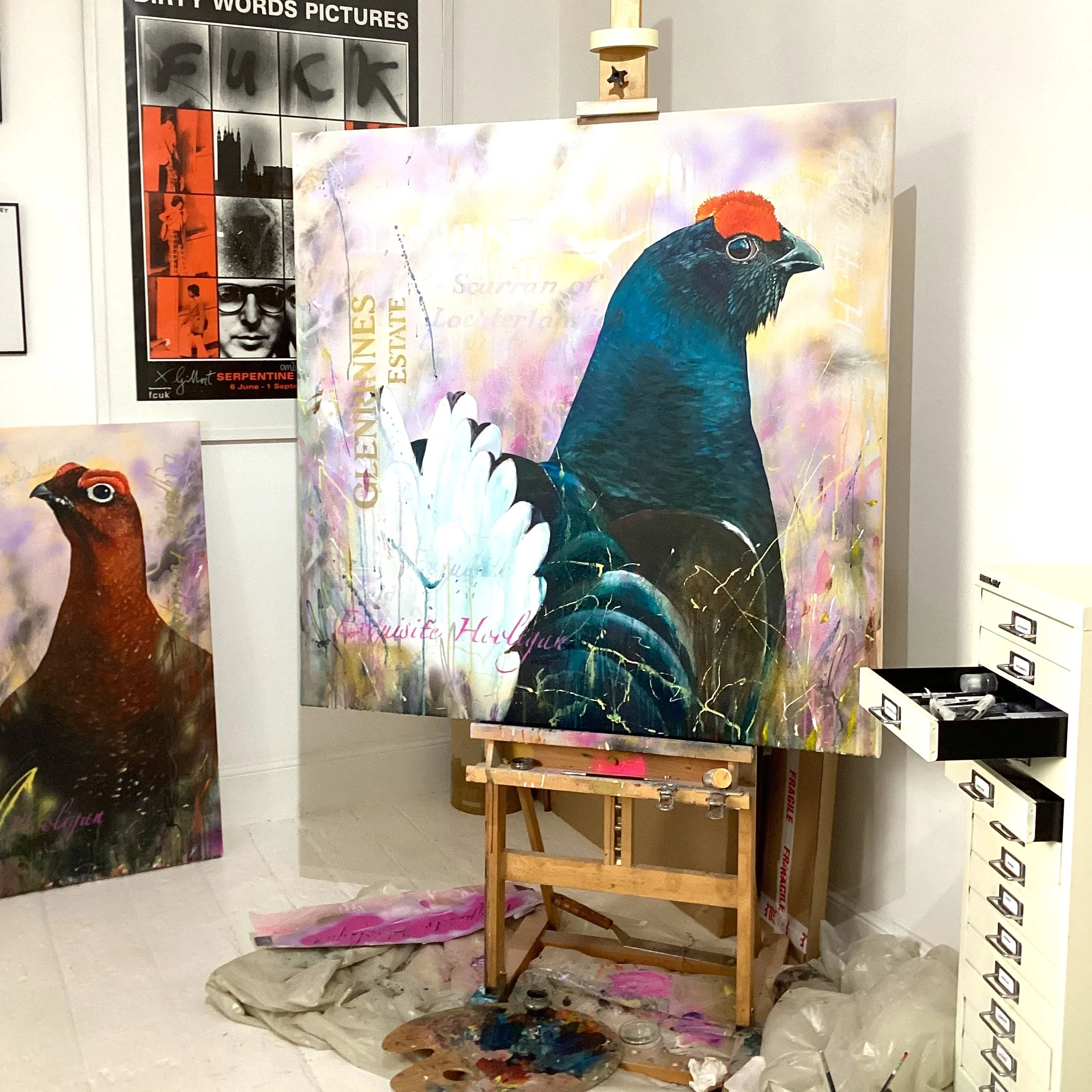 Black Grouse - Acrylic, spray paint, ink, oil paint, graffiti cleaner and detritus on canvas.