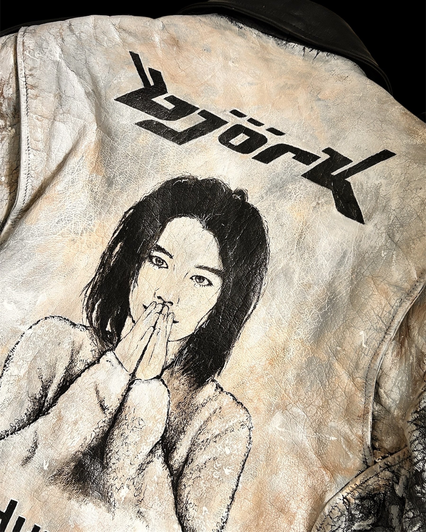 I'm a fountain of blood. In the shape of a girl. Bjork. Leather jacket paint by UK contemporary artist Exquisite Hooligan. Contemporary Art on Vintage Leather & Discarded Materials  - Exquisite Hooligan Artist 