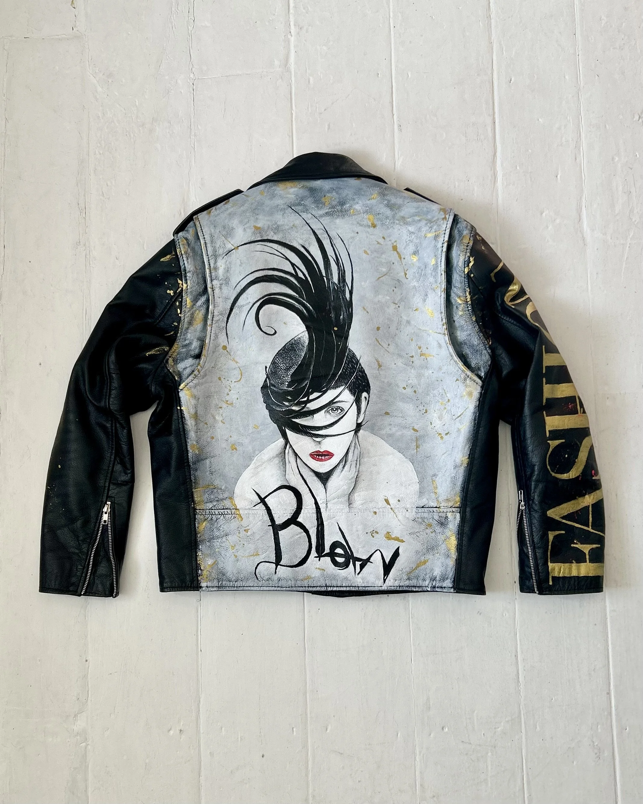 If you don't wear lipstick, I can't talk to you. Isabella Blow. Formed from a reclaimed vintage leather jacket - acrylic leather paint - the detritus and debris of everyday life - classic vintage button badges - memories and thoughtfully repurposed d