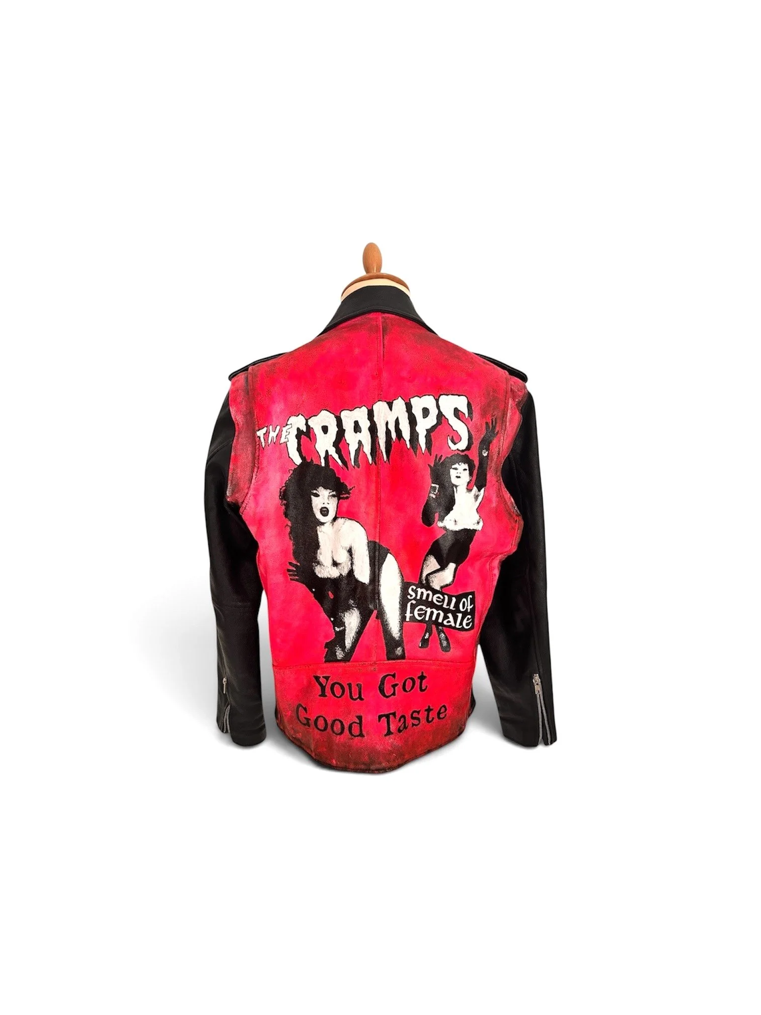 Vintage leather jackets by artist UK Exquisite Hooligan - Exquisite Hooligan artist studio. Working with reclaimed vintage leather jackets - acrylic leather paint - the detritus and debris of everyday life - hand-applied studs - classic vintage butto