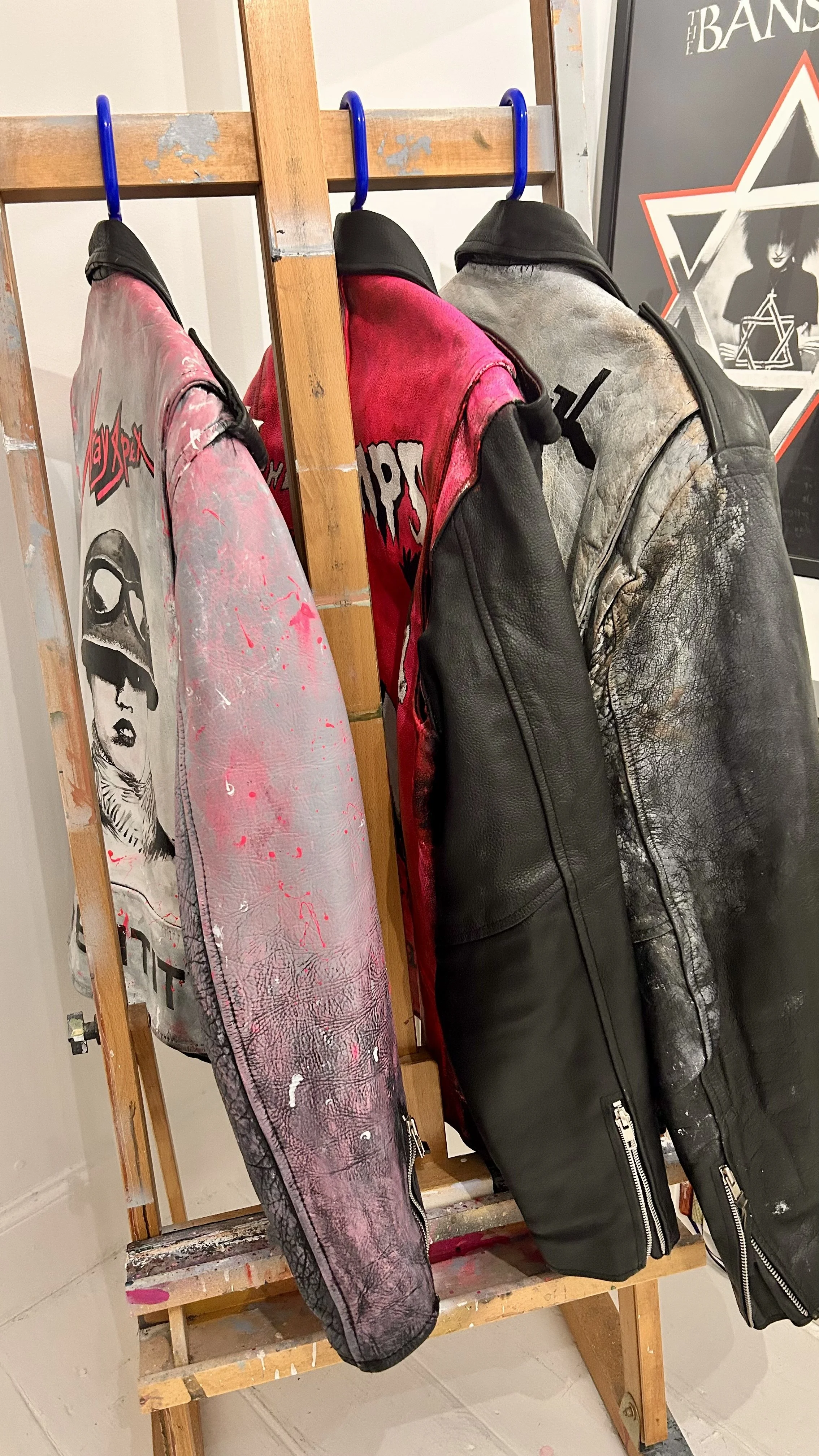 Vintage leather jackets on the easel by artist UK Exquisite Hooligan 