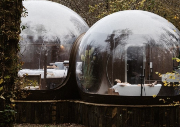 Two glass bubble-like structures with interior seen through large curved windows, surrounded by trees and outdoor scenery.