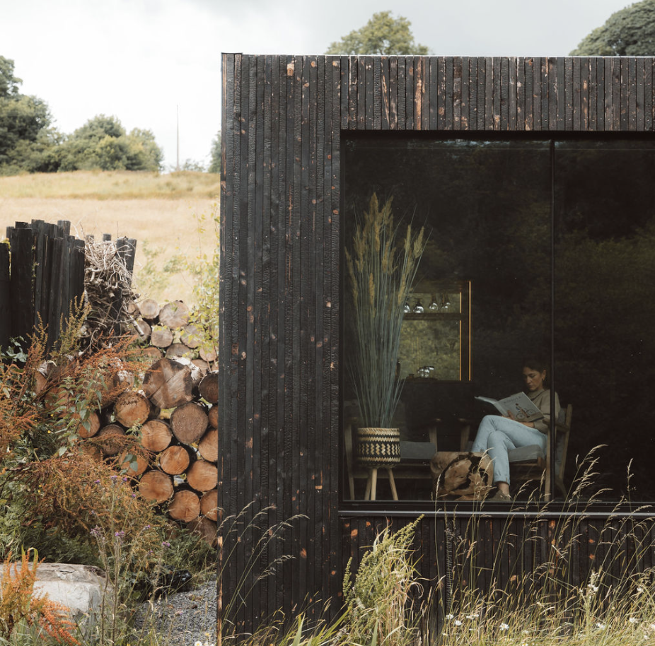 A woman reading inside a modern black wooden house with large glass window, surrounded by outdoor plants and logs.