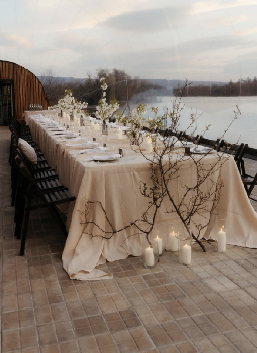 Long dining table set outdoors by water with floral centerpieces, candles, and branches for decoration.