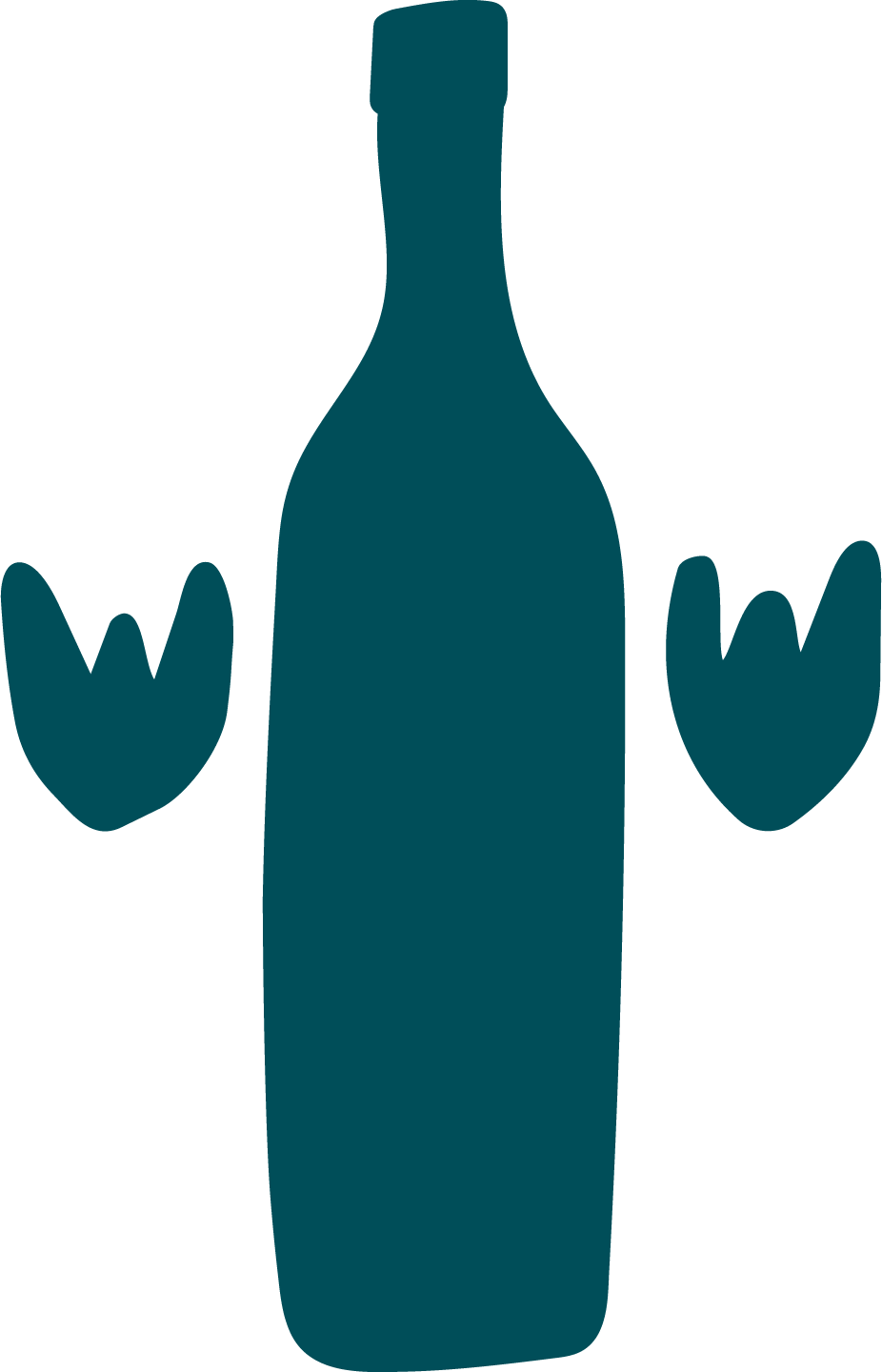 Silhouette of a beverage bottle with two cartoonish hands making the 'rock on' gesture on either side.