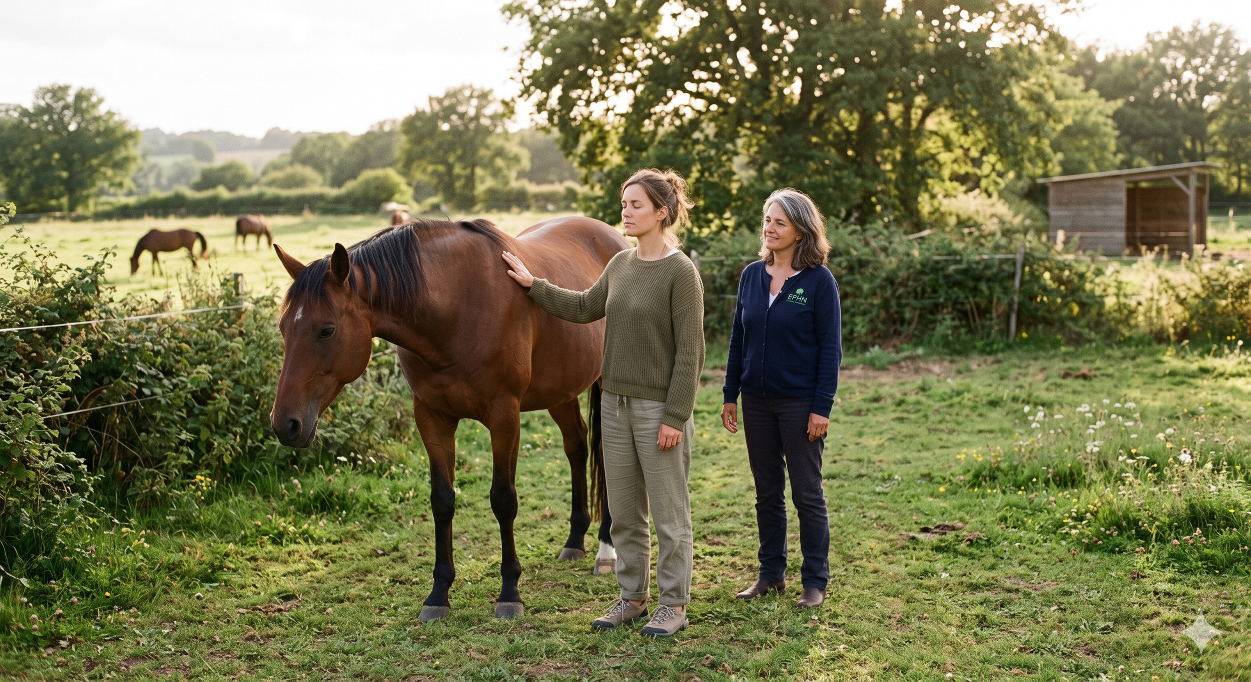 Deux femmes avec un cheval dans un pré verdoyant, en milieu rural, avec des arbres en arrière-plan, au coucher du soleil.