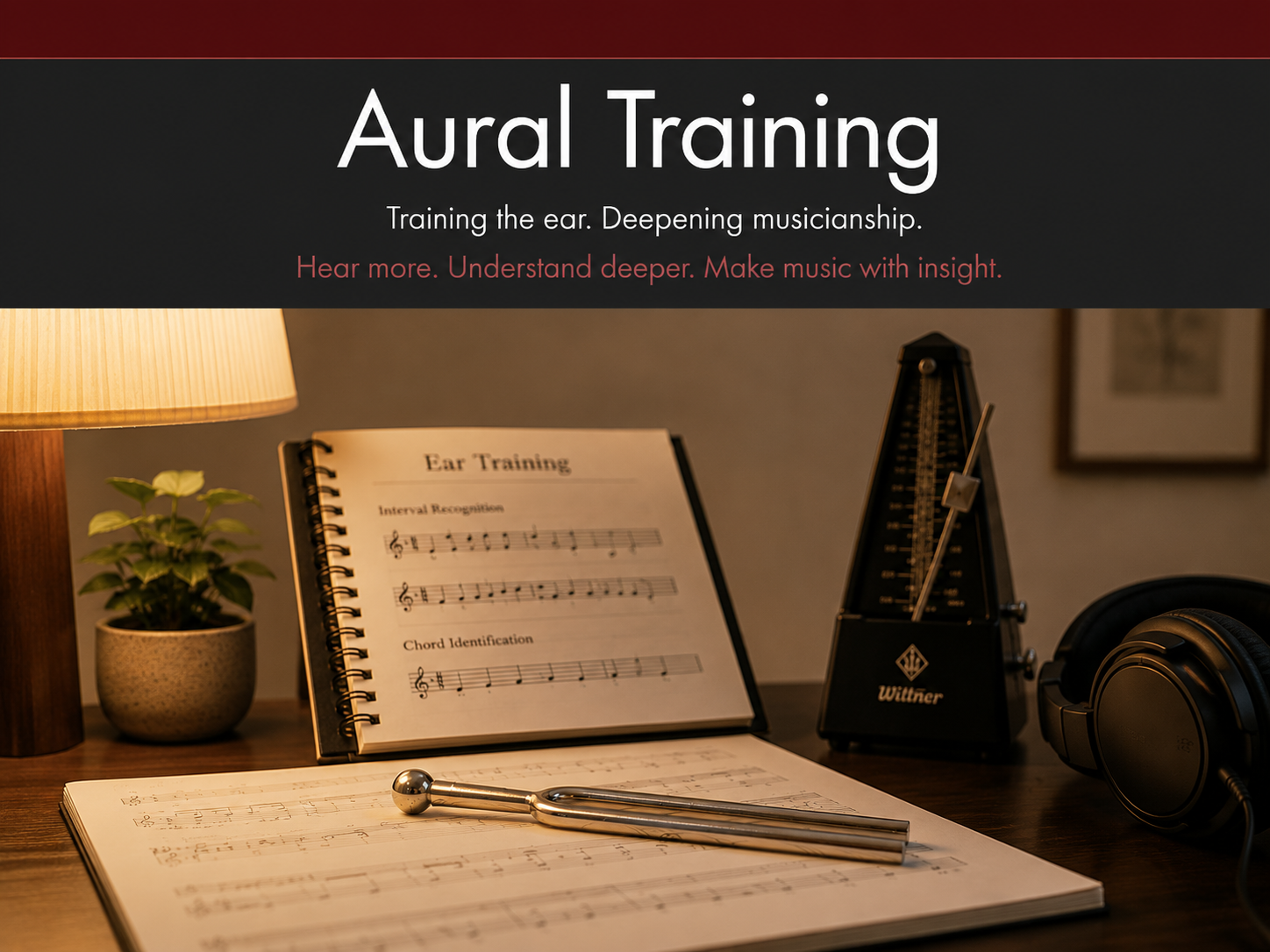 A study setup with musical training materials: an open music book titled 'Ear Training', a metal tuning fork resting on sheet music, a device resembling a metronome labeled 'Wittner', a pair of headphones, a small potted plant, and a lamp illuminating the scene.