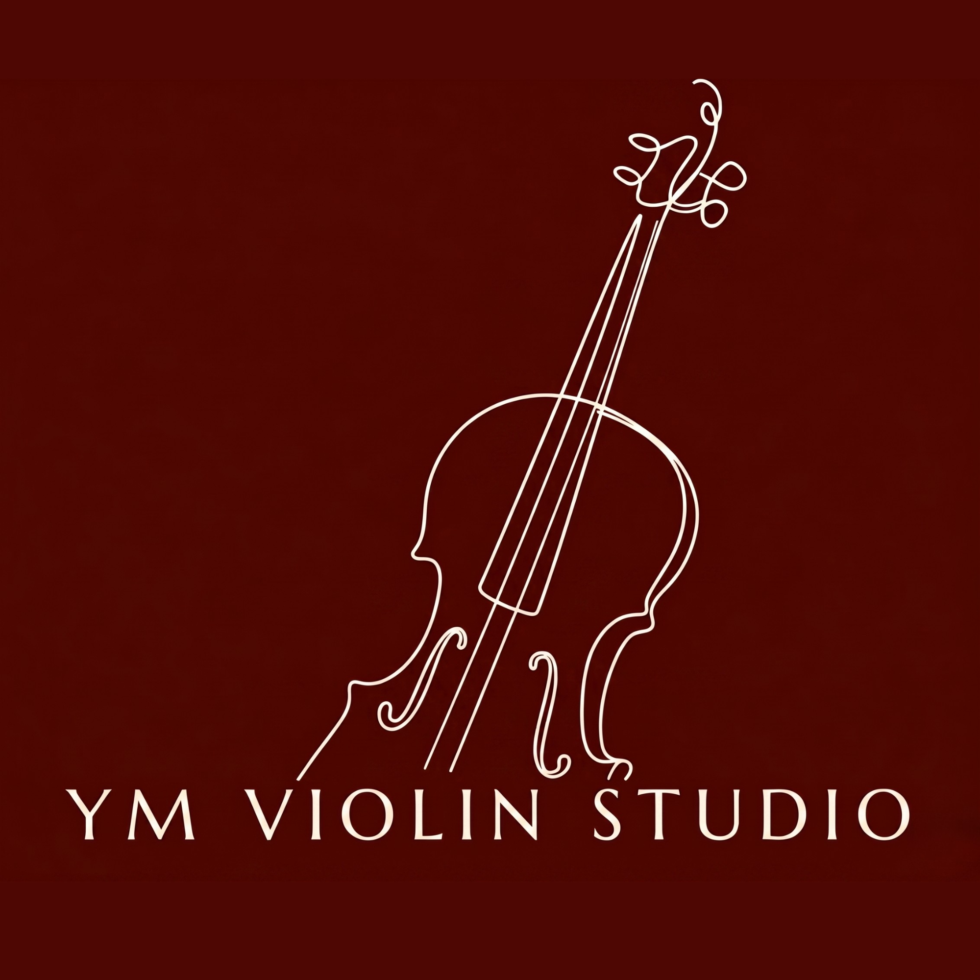An artistic outline of a human face’s profile combining a musical note and a violin, with text that reads 'YMV VOICE & VIOLIN STUDIO' on a dark red background.