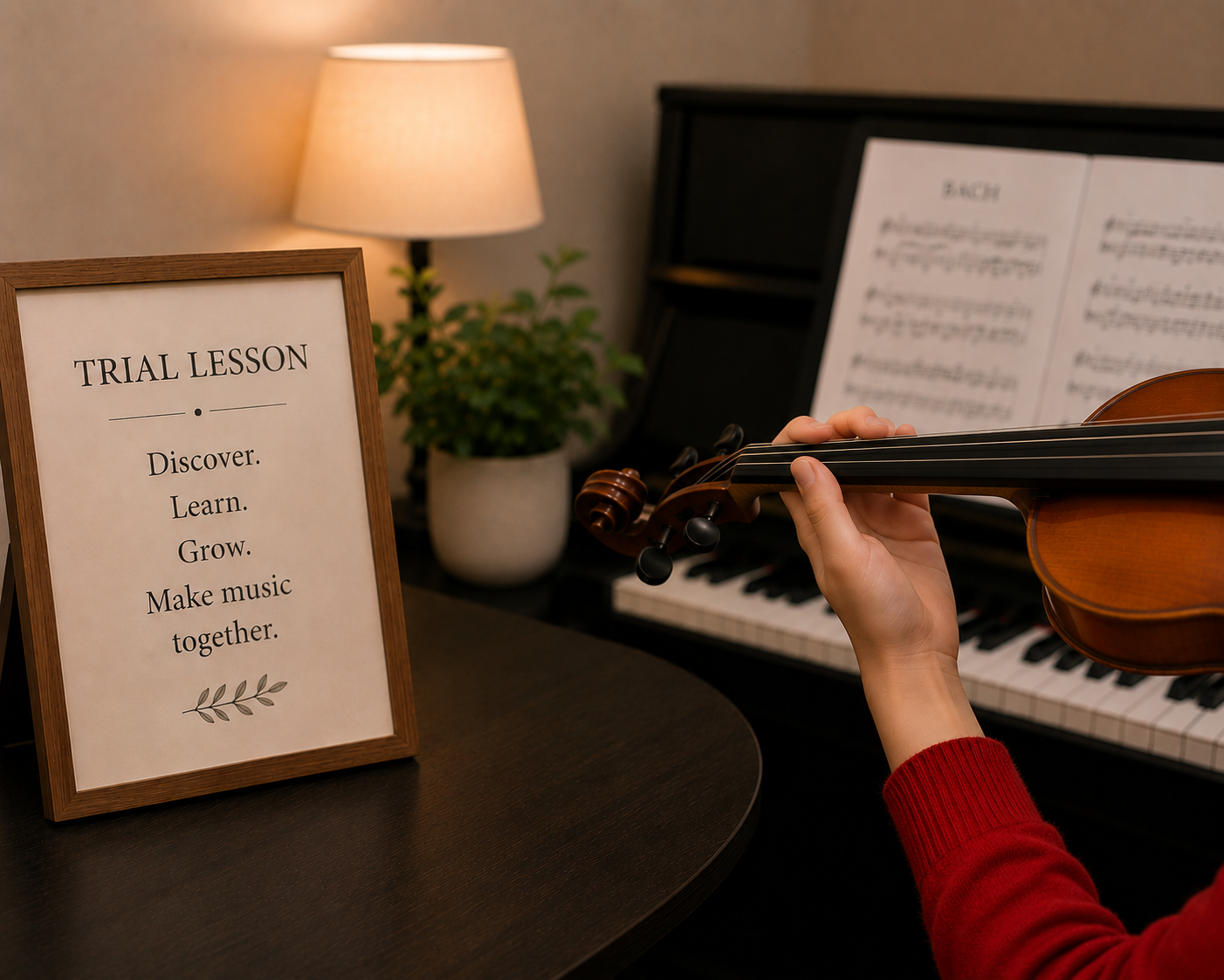 A person in a red sweater playing a violin in a music room. There is a sign on the table that reads 'Trial Lesson: Discover, Learn, Grow, Make music together.' A piano with sheet music and a lamp with a potted plant are in the background.
