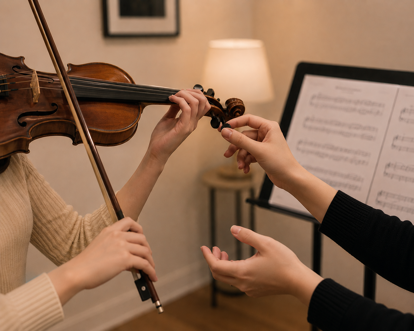 Two people adjusting a violin, with sheet music on a stand and a lamp in the background.