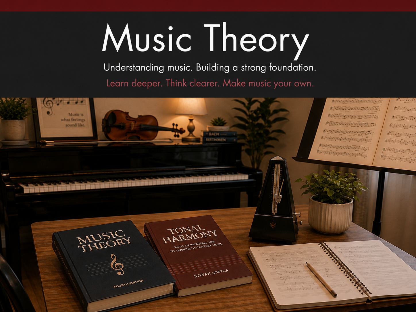 Room with a grand piano, a book titled "Music Theory", another titled "Tonal Harmony", sheet music, a tuning device, a potted plant, a music stand with sheet music, and a violin on the piano, all related to music education.