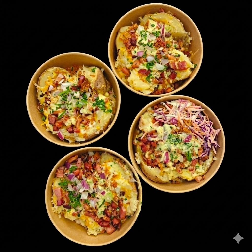 Vier schaaltjes met gevuld aardappel, versierd met uien, bacon, kaas en kruiden op een zwarte achtergrond.