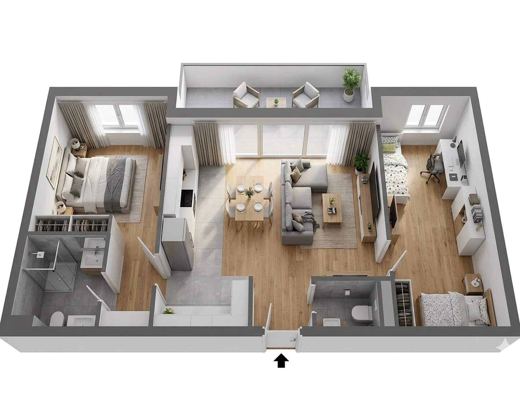 Three-room apartment and balcony 3D visualization — Interior Design Muuran Tampere