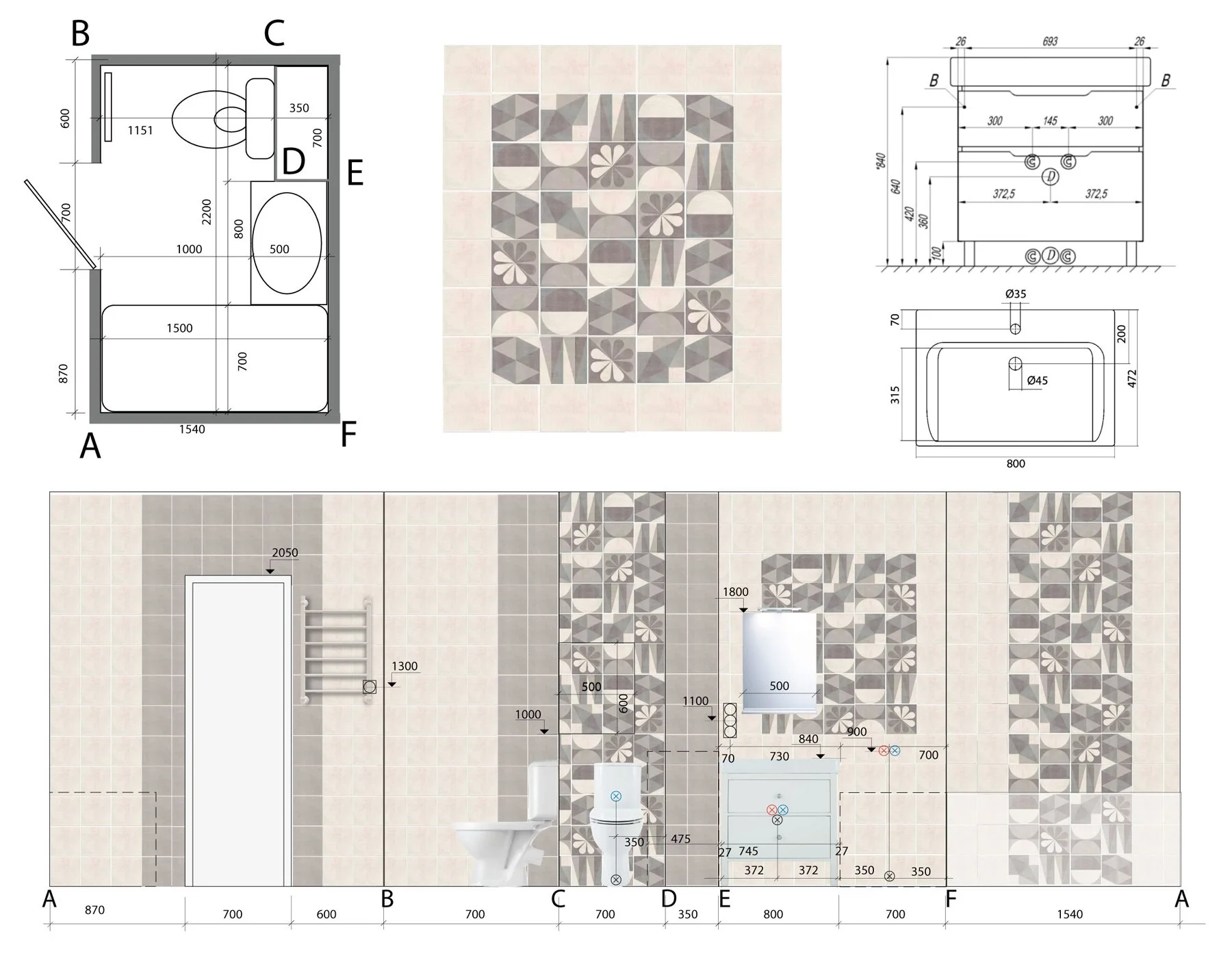 Small bathroom technical drawings and plans — Interior Design Muuran Tampere