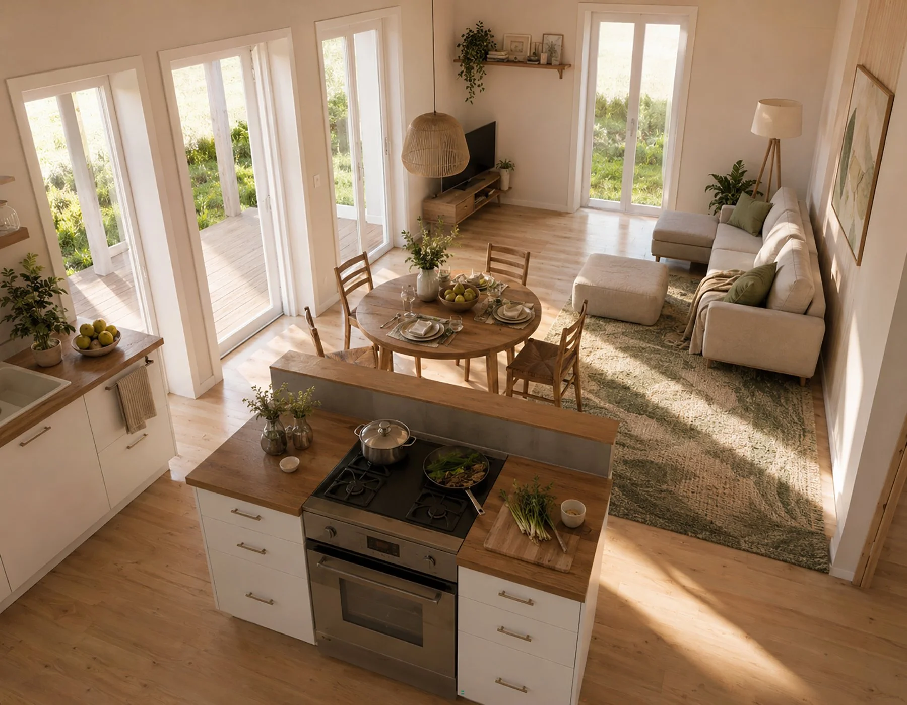 Open plan kitchen and living room in natural colors — Interior Designer Tampere