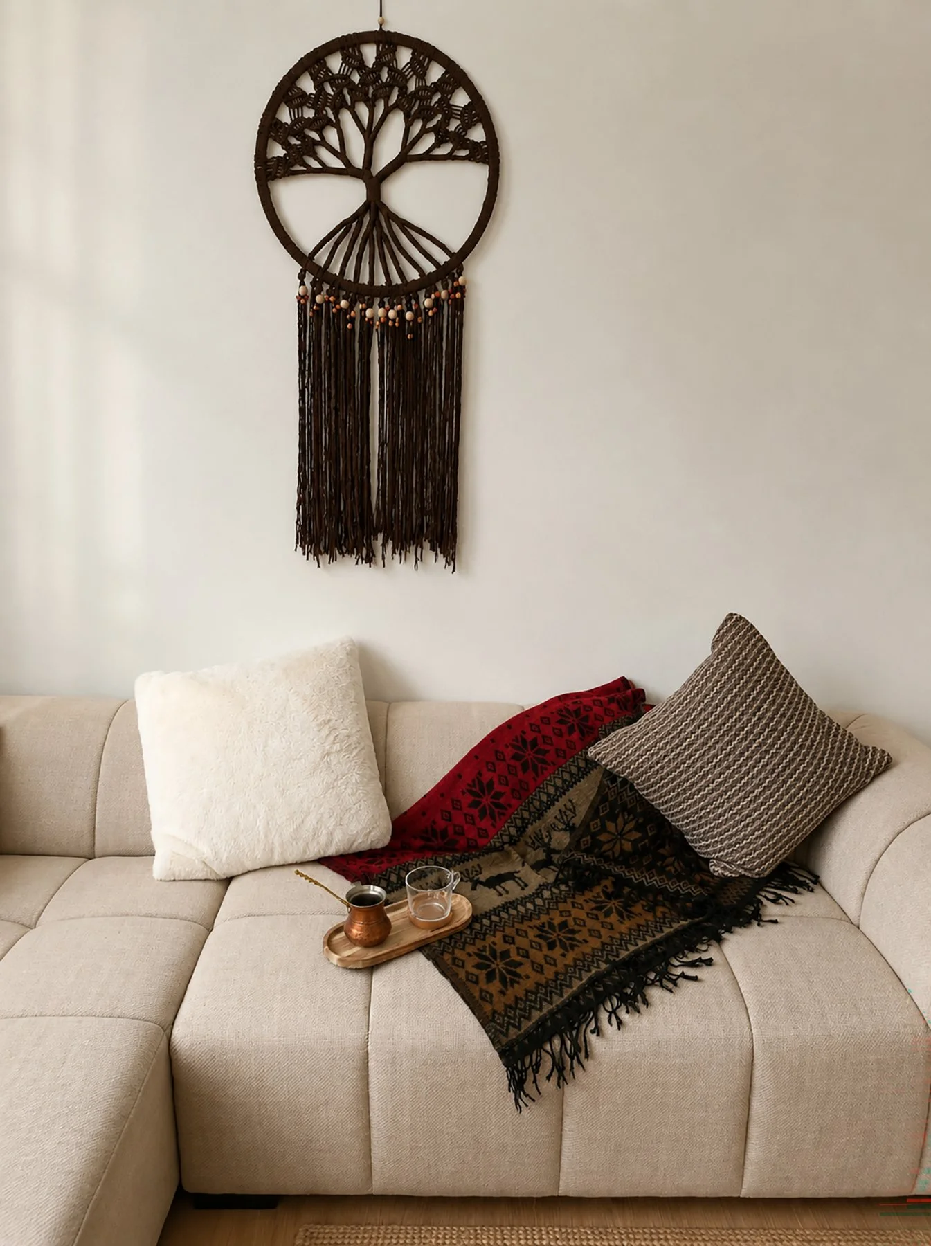 Living room interior in warm, natural tones — Interior Design Tampere